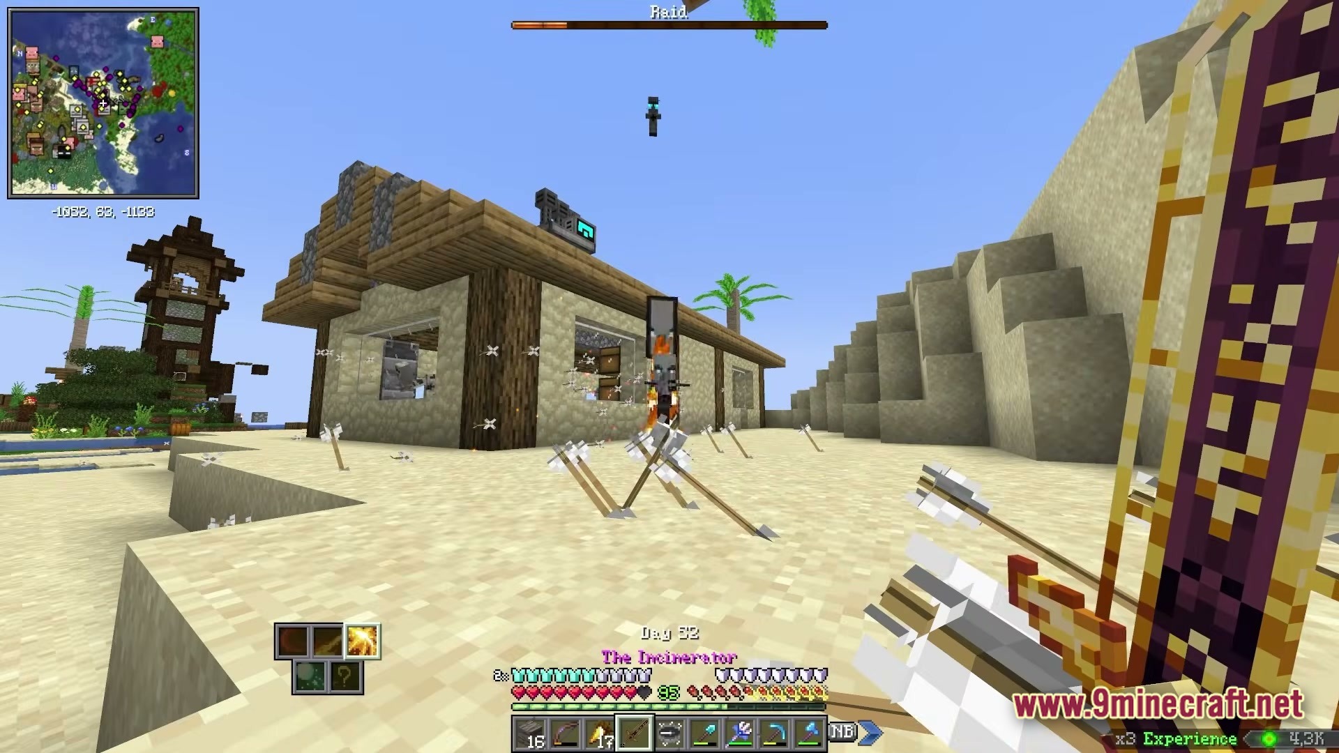 BETTER FANTASY Overture Modpack Screenshot 4 A player defends a desert village from a raid using a bow and enchanted gear