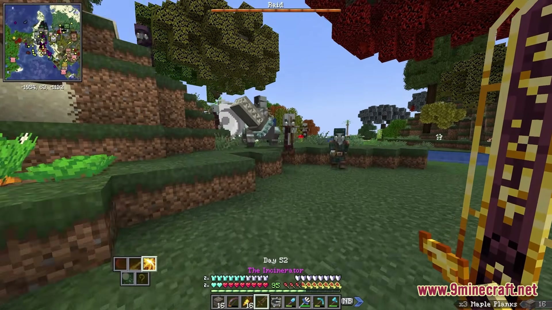 BETTER FANTASY Overture Modpack Screenshot 5 A player wielding a runic sword defends against an illager raid in a modified forest biome
