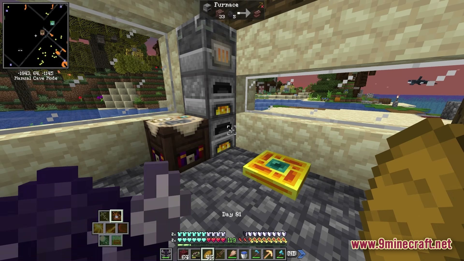 BETTER FANTASY Overture Modpack Screenshot 6 A player stands inside a base featuring a furnace stack, waystone, and various modded interface elements