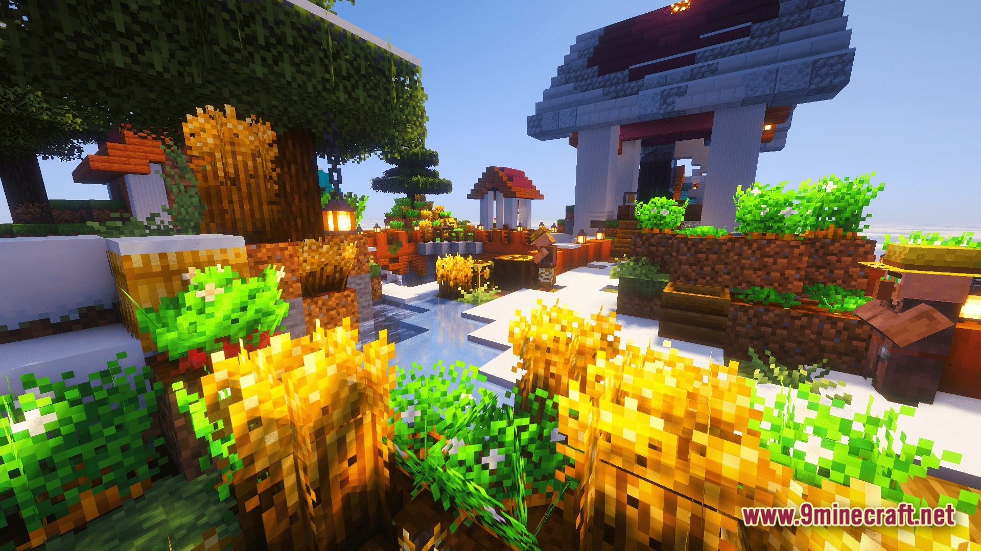 BETTER FANTASY Overture Modpack Screenshot 7 A snowy village farm featuring wheat crops, custom stone buildings, and a villager wearing a hat