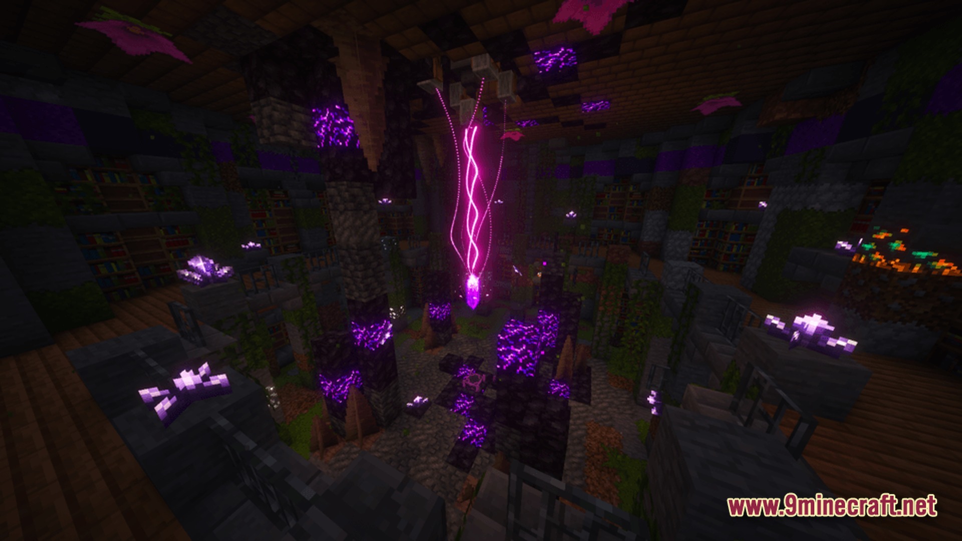 BETTER FANTASY Overture Modpack Screenshot 8 A large underground library chamber featuring glowing purple crystals and a central magical energy beam