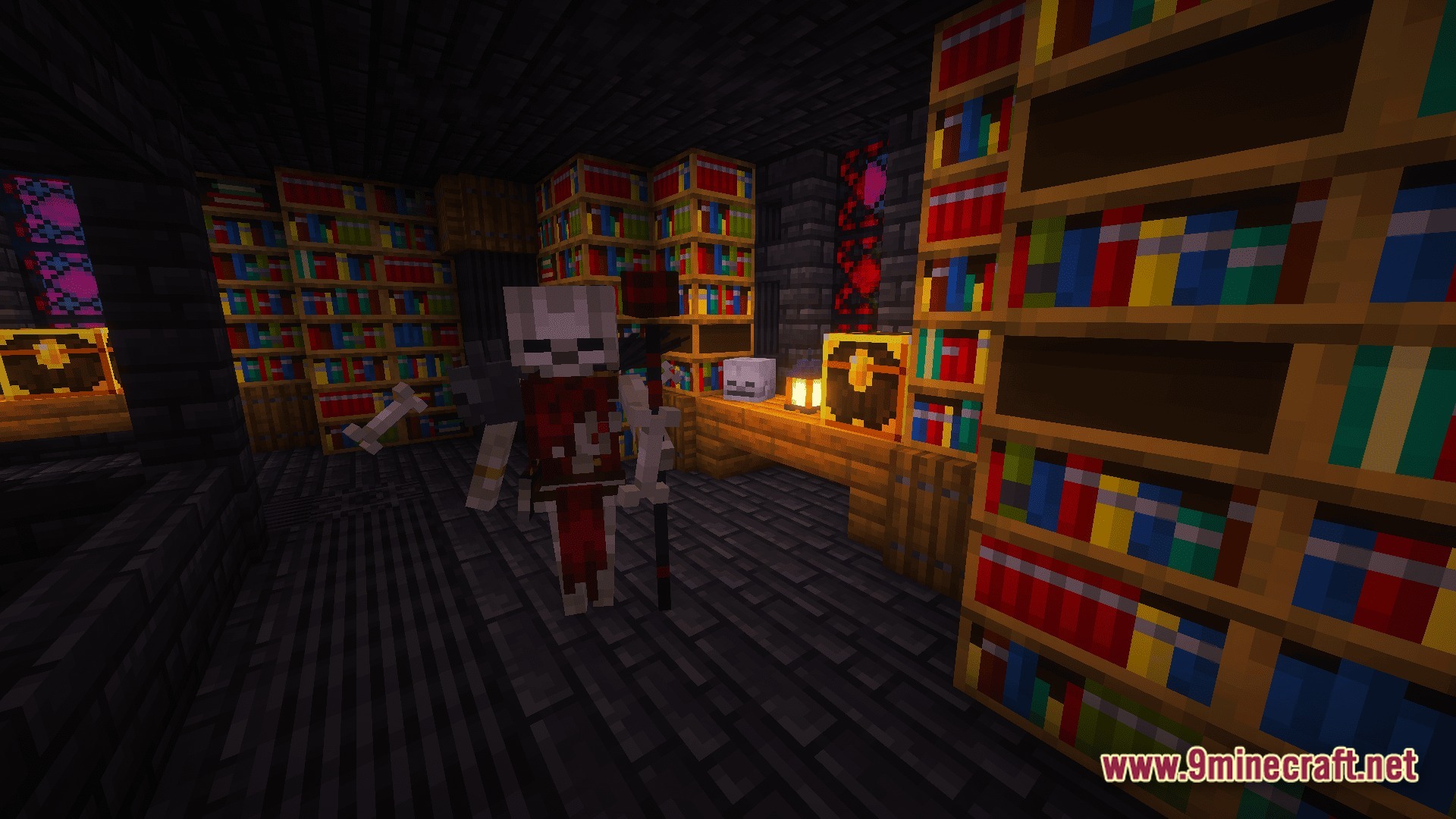 BETTER FANTASY Overture Modpack Screenshot 9 An armored skeleton mage stands in a dark stone library filled with bookshelves and glowing chests