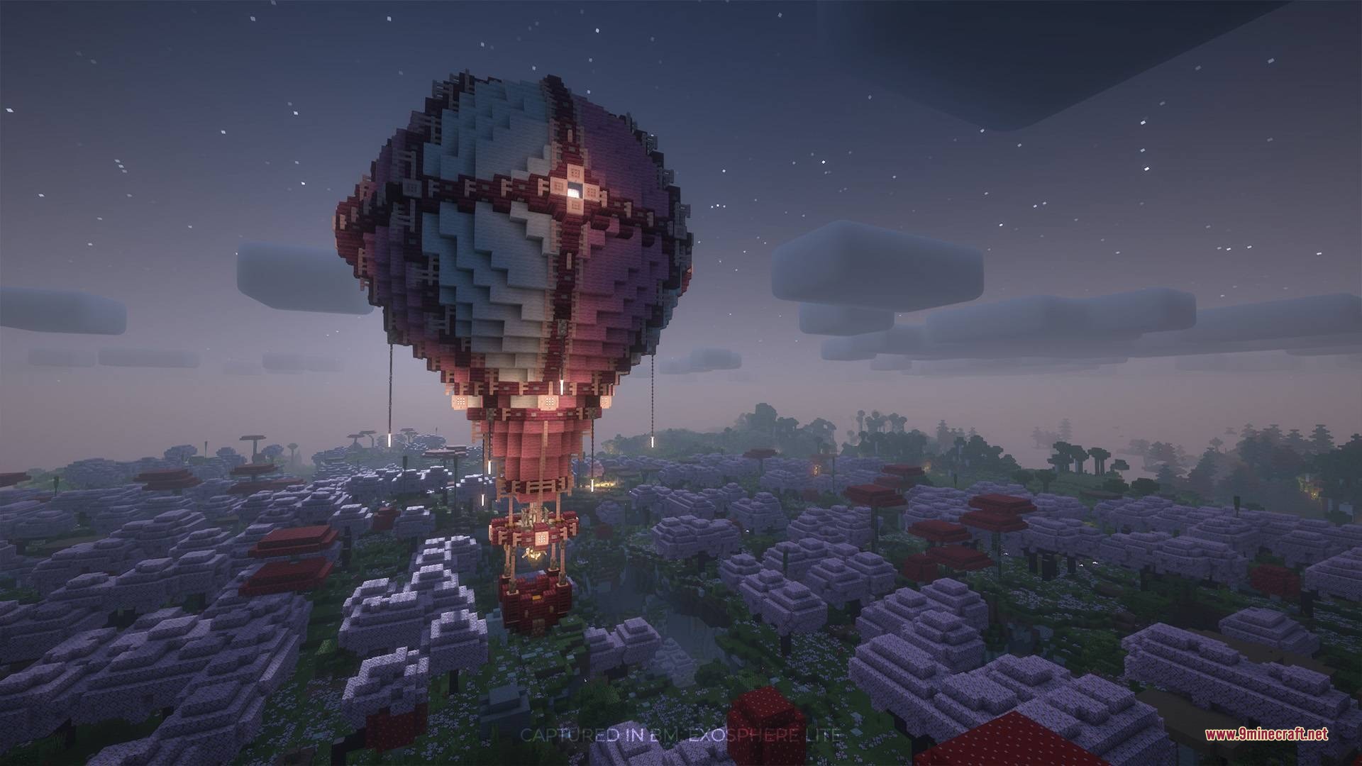 BM Hot Air Balloons Data Pack Screenshot 1 A BM Hot Air Balloon floating high above a pink cherry blossom forest biome