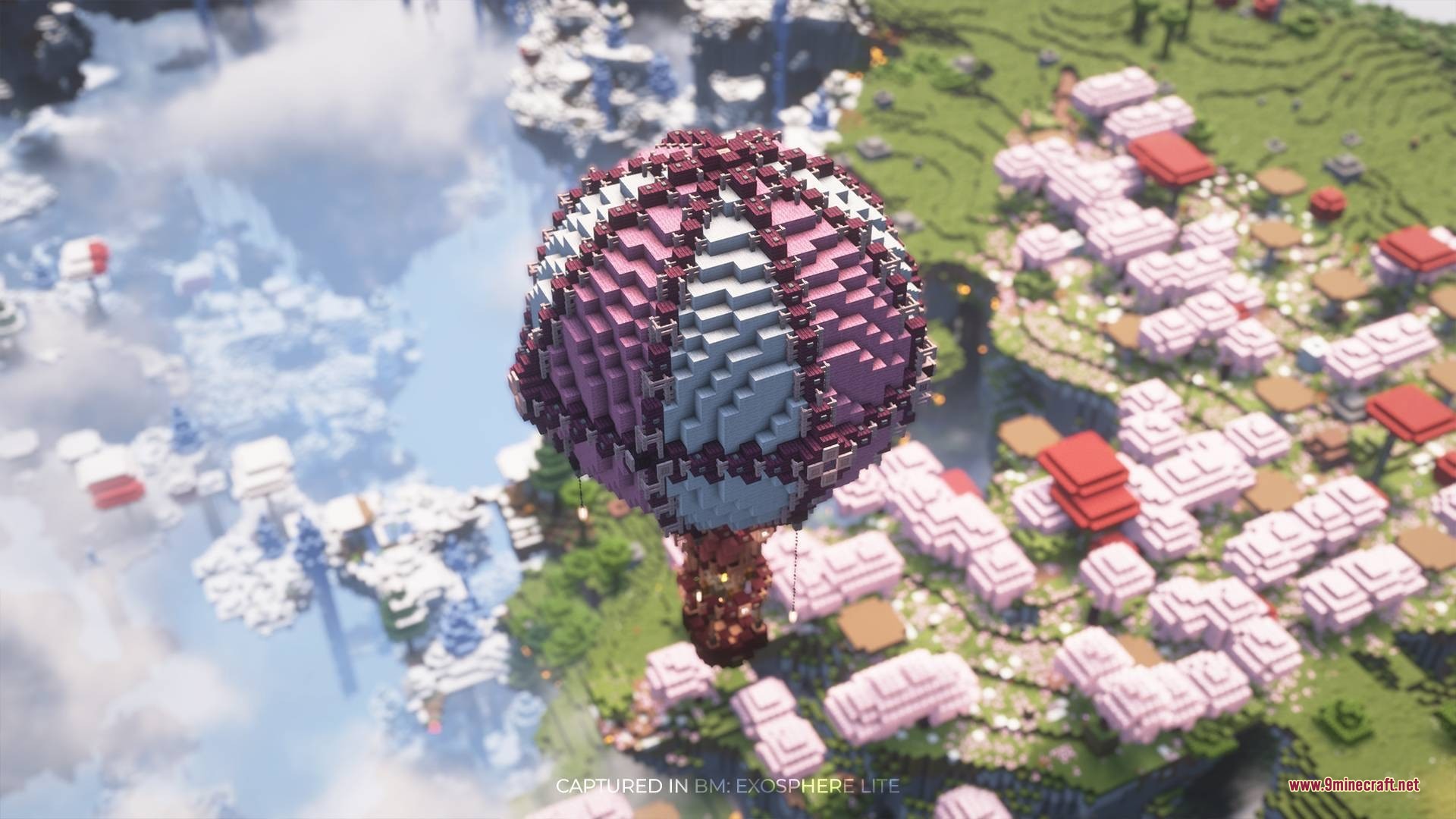 BM Hot Air Balloons Data Pack Screenshot 2 Aerial view of a colorful hot air balloon over a cherry blossom biome