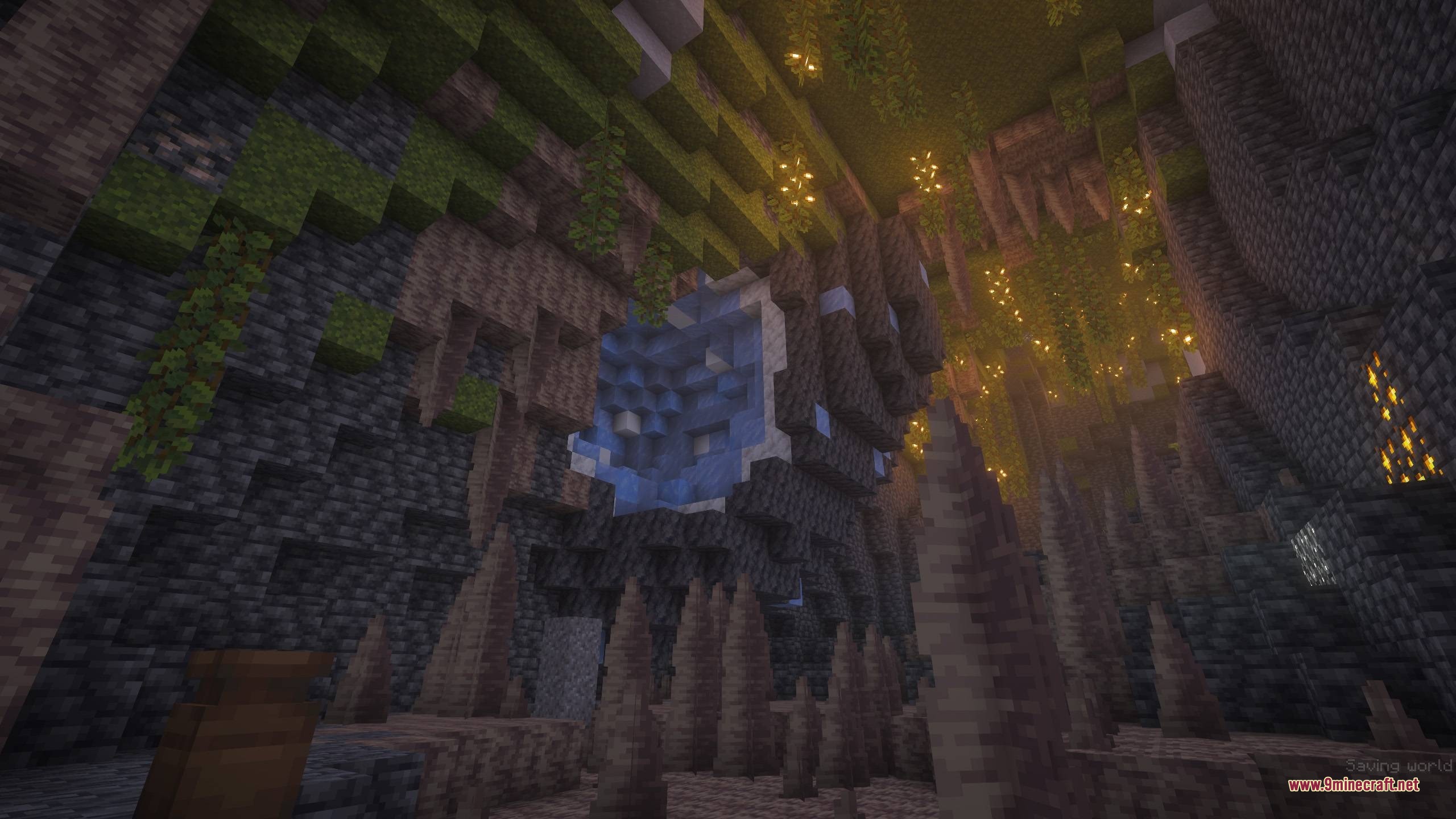 BM More Geodes Data Pack Screenshot 2 Dripstone and glow berries surround a rare blue ice geode in a lush cave
