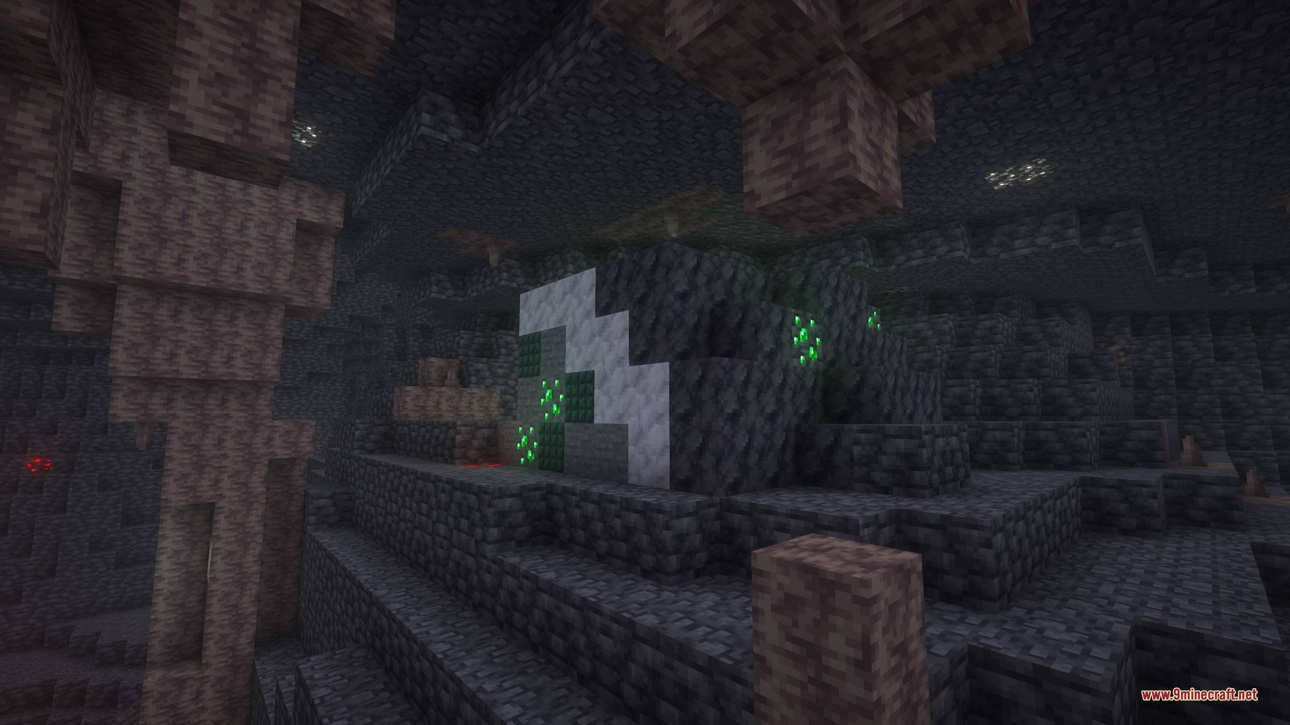 BM More Geodes Data Pack Screenshot 4 An emerald ore geode structure discovered deep within a dark deepslate cave
