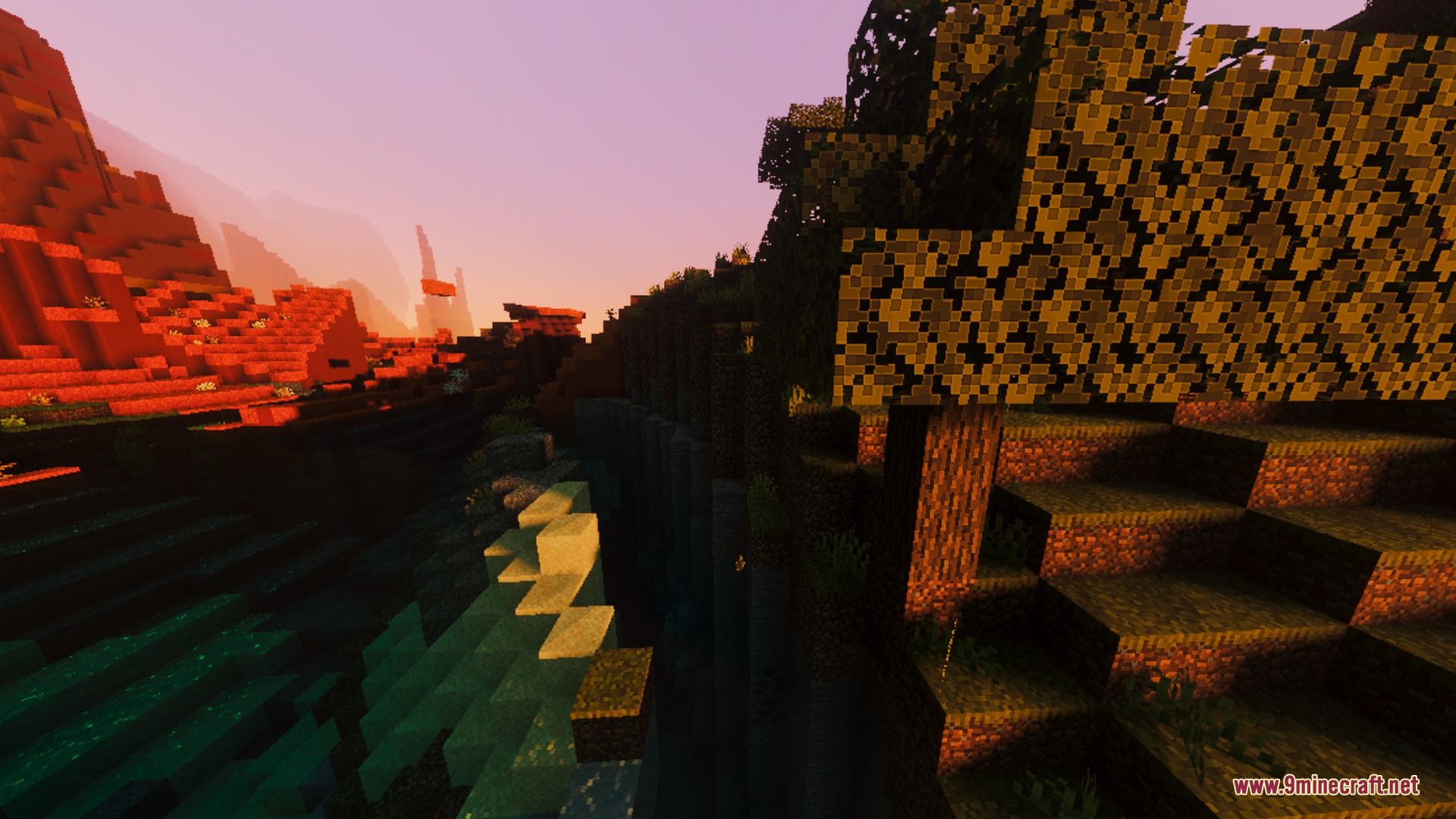 Cinematic sunset lighting creates deep shadows and vibrant orange highlights on the terrain