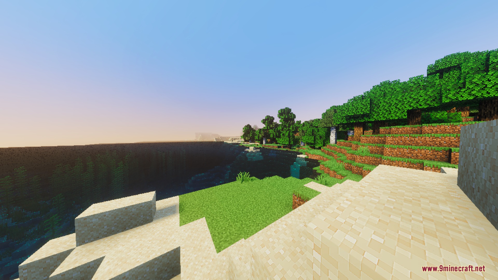 A scenic Minecraft landscape with vibrant green grass and clear blue water