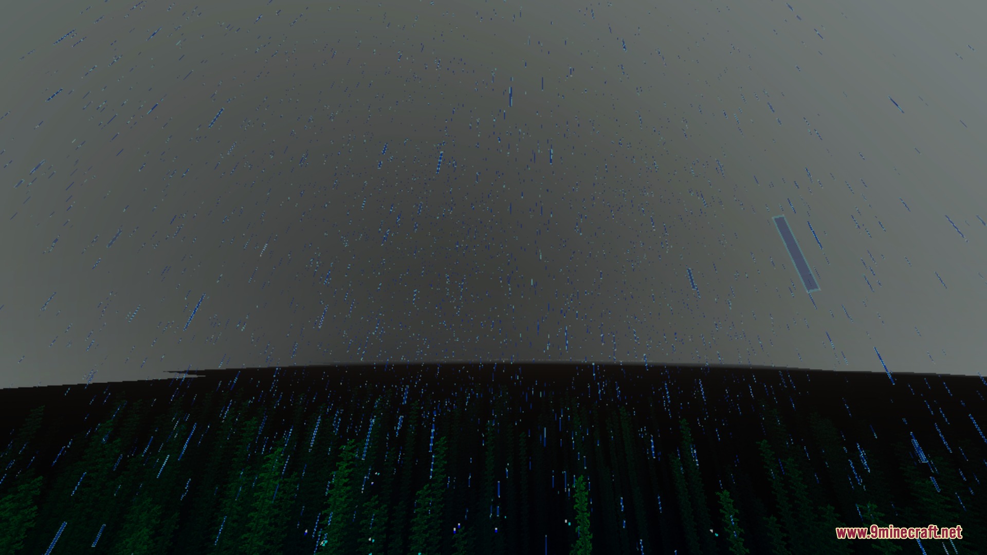 Heavy rain falling from a grey sky over a dark Minecraft forest