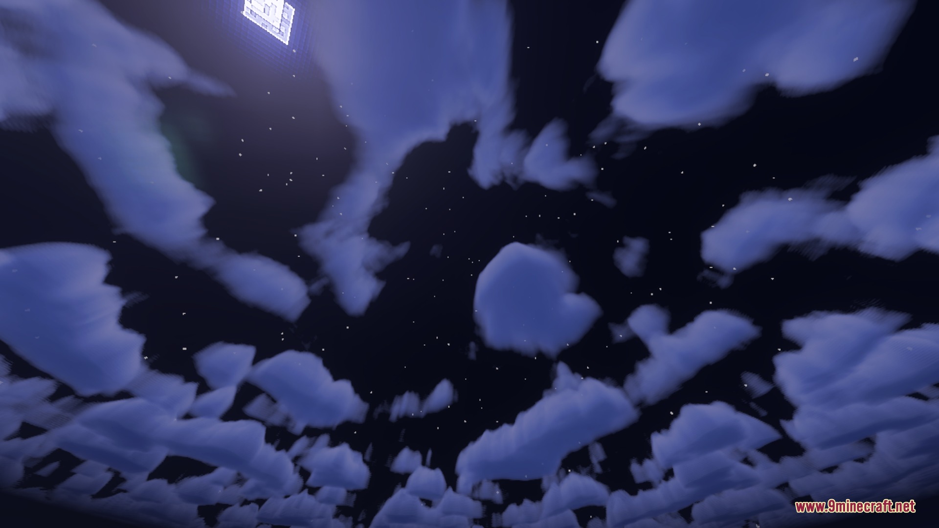 The night sky displays fluffy clouds and glowing stars in a Minecraft world