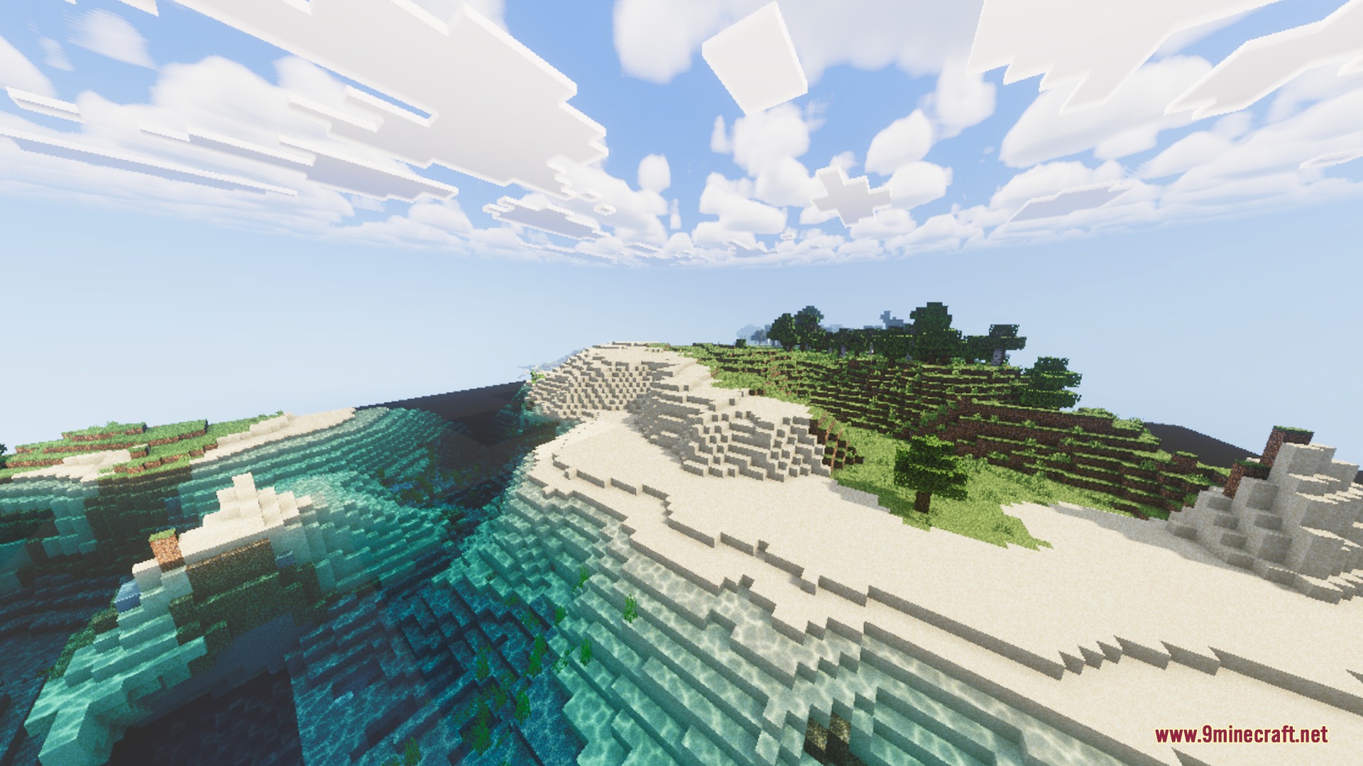 A beautiful Minecraft coastline with clear water and realistic lighting under bright clouds