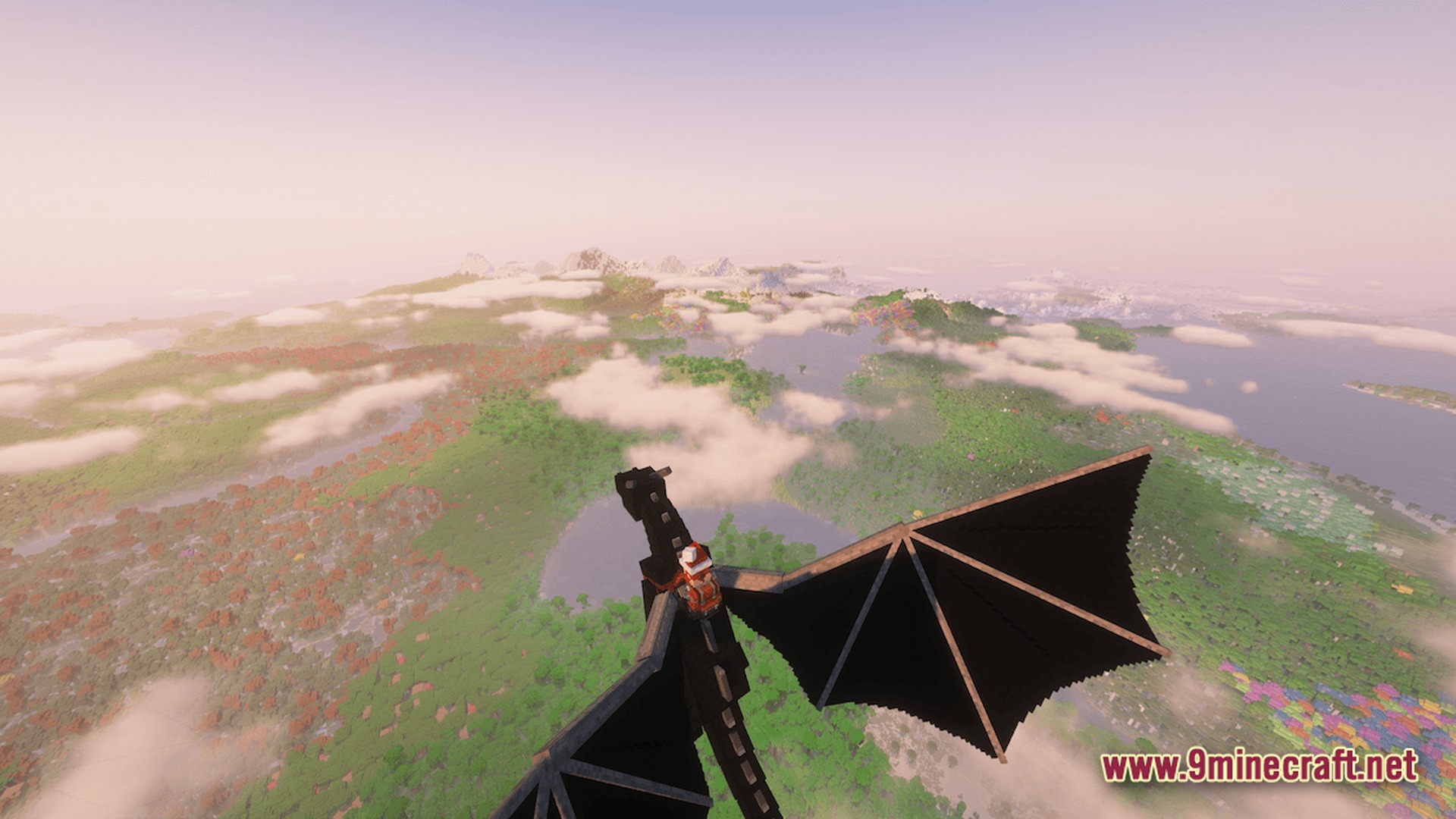 A player rides a black dragon over a vast landscape of diverse biomes and low clouds