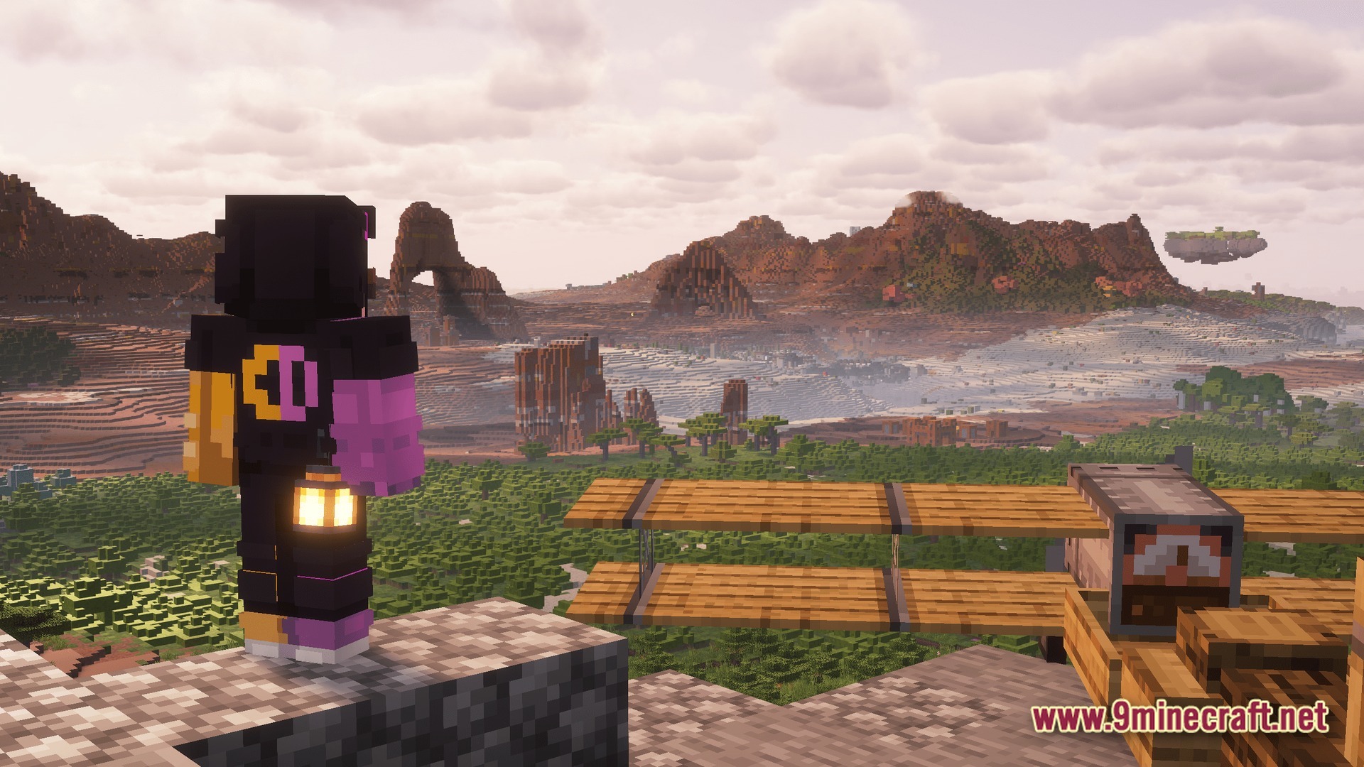 A player character overlooks a vast badlands biome featuring custom terrain and a wooden glider structure