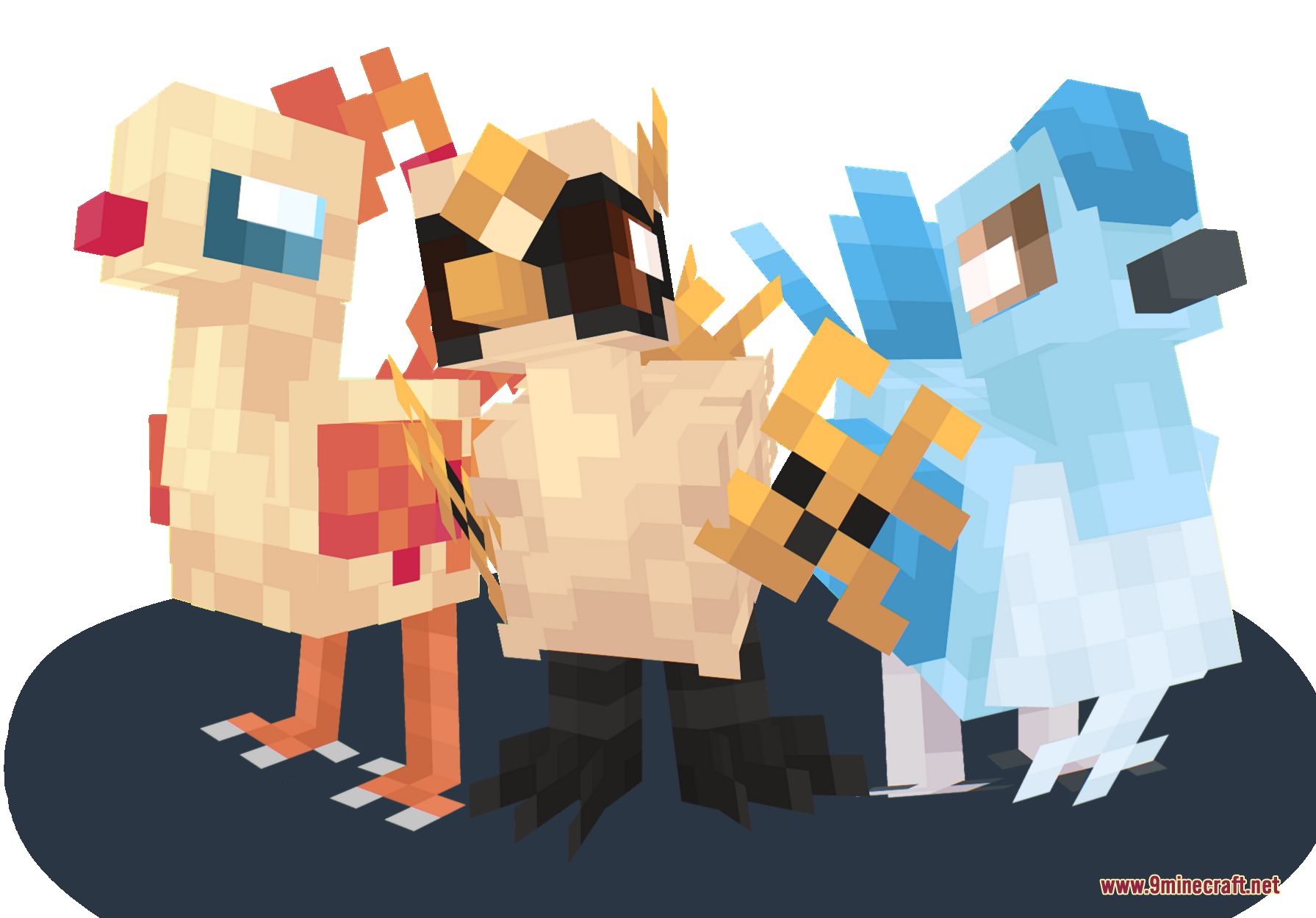 Baby Legends Cobblemon Mod Screenshot 4 Three colorful baby legendary bird creatures standing together on a blue platform
