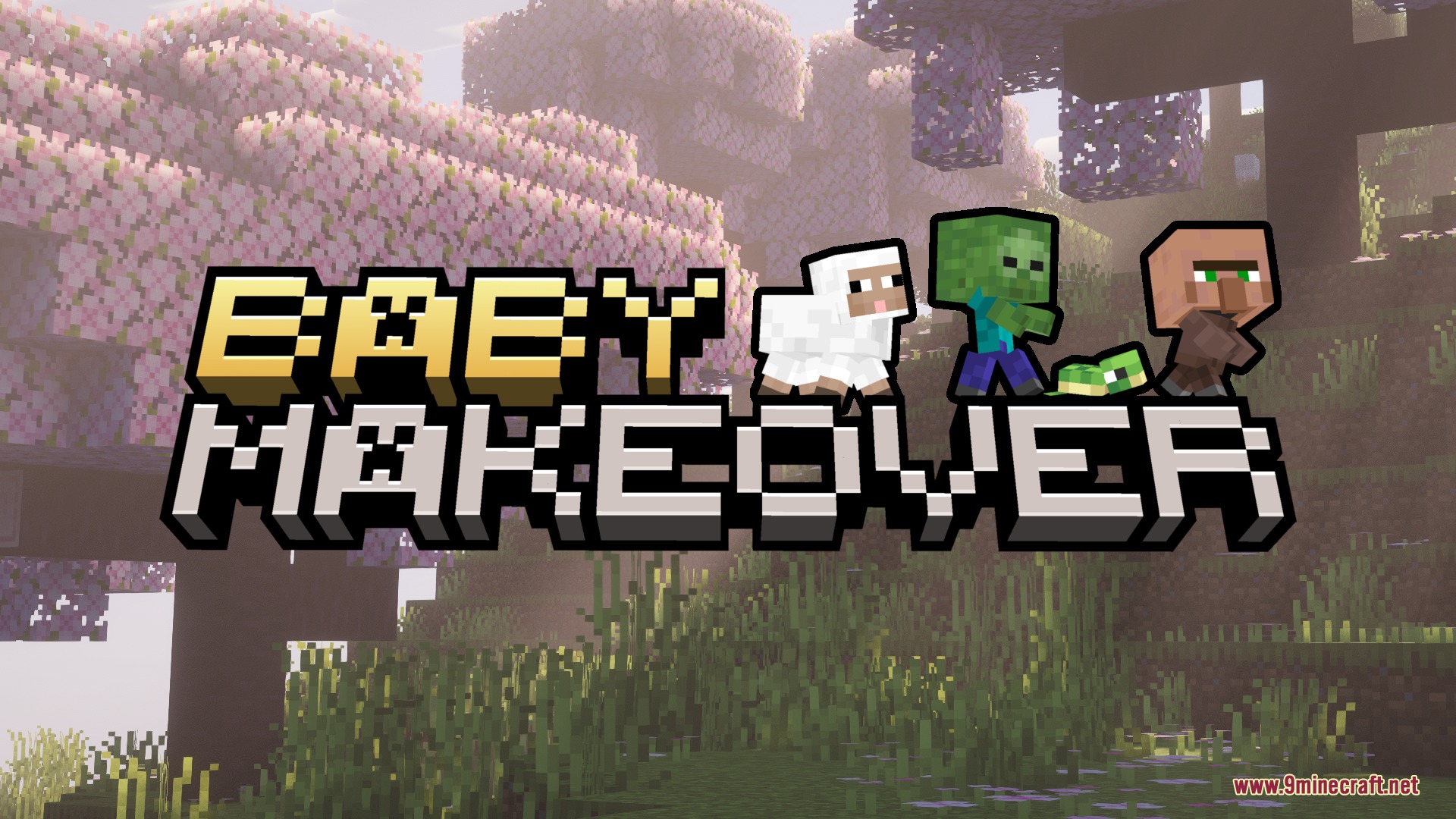Title screen for Baby Makeover showing stylized baby mobs in a cherry blossom forest