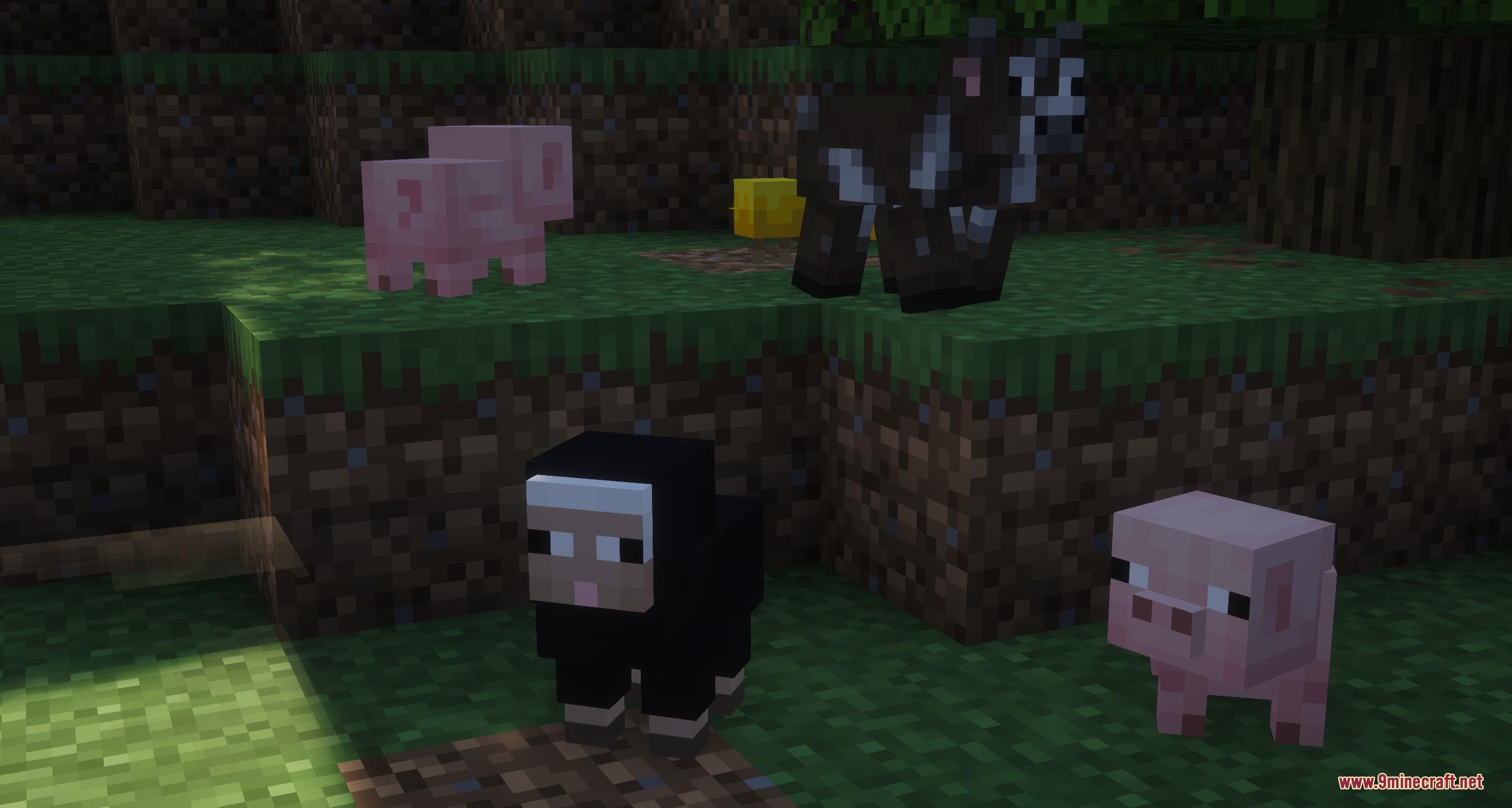 Baby pigs and a black sheep standing on grass in a Minecraft forest