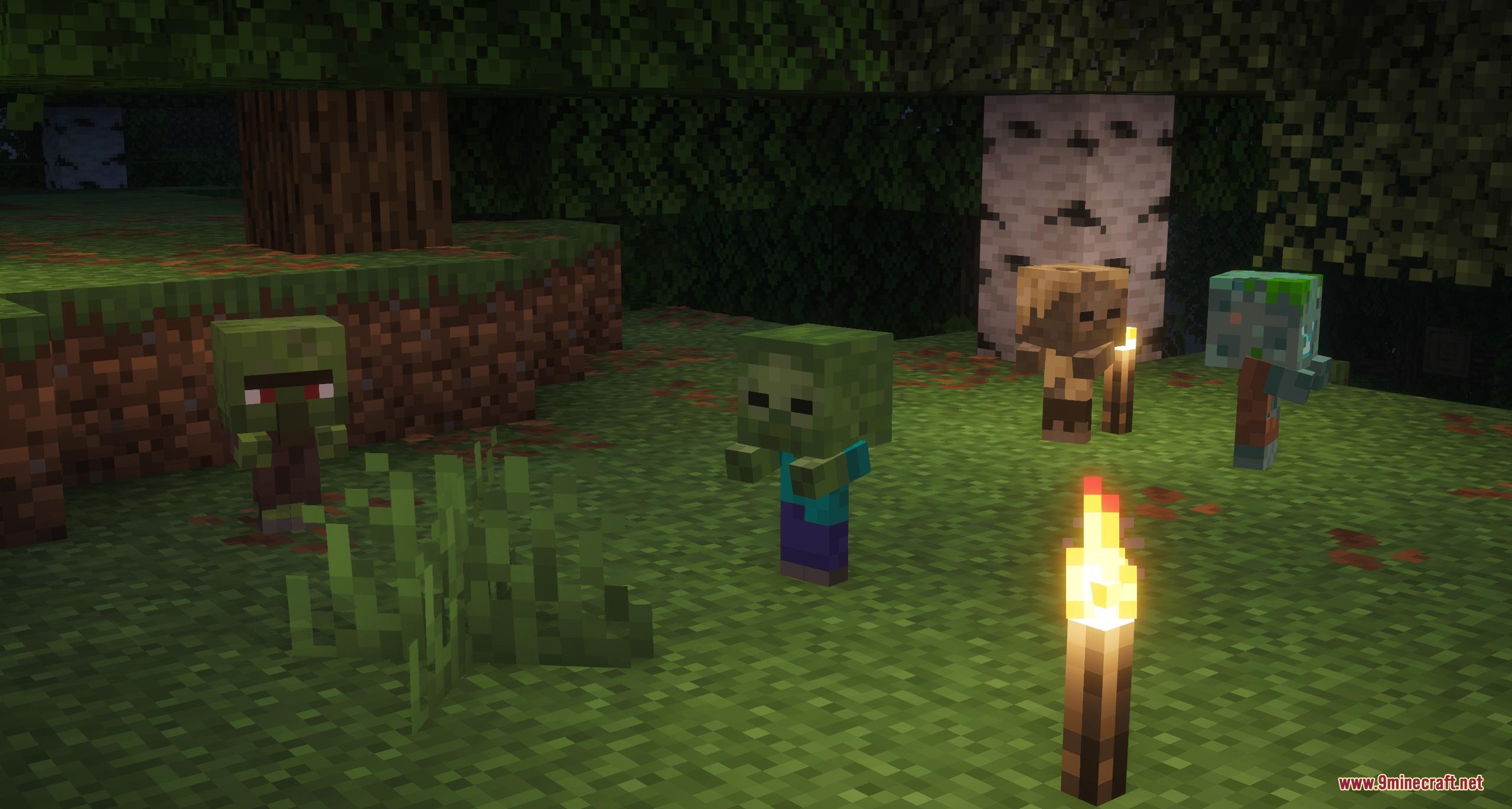 Baby zombie variants with updated eye textures standing together in a forest