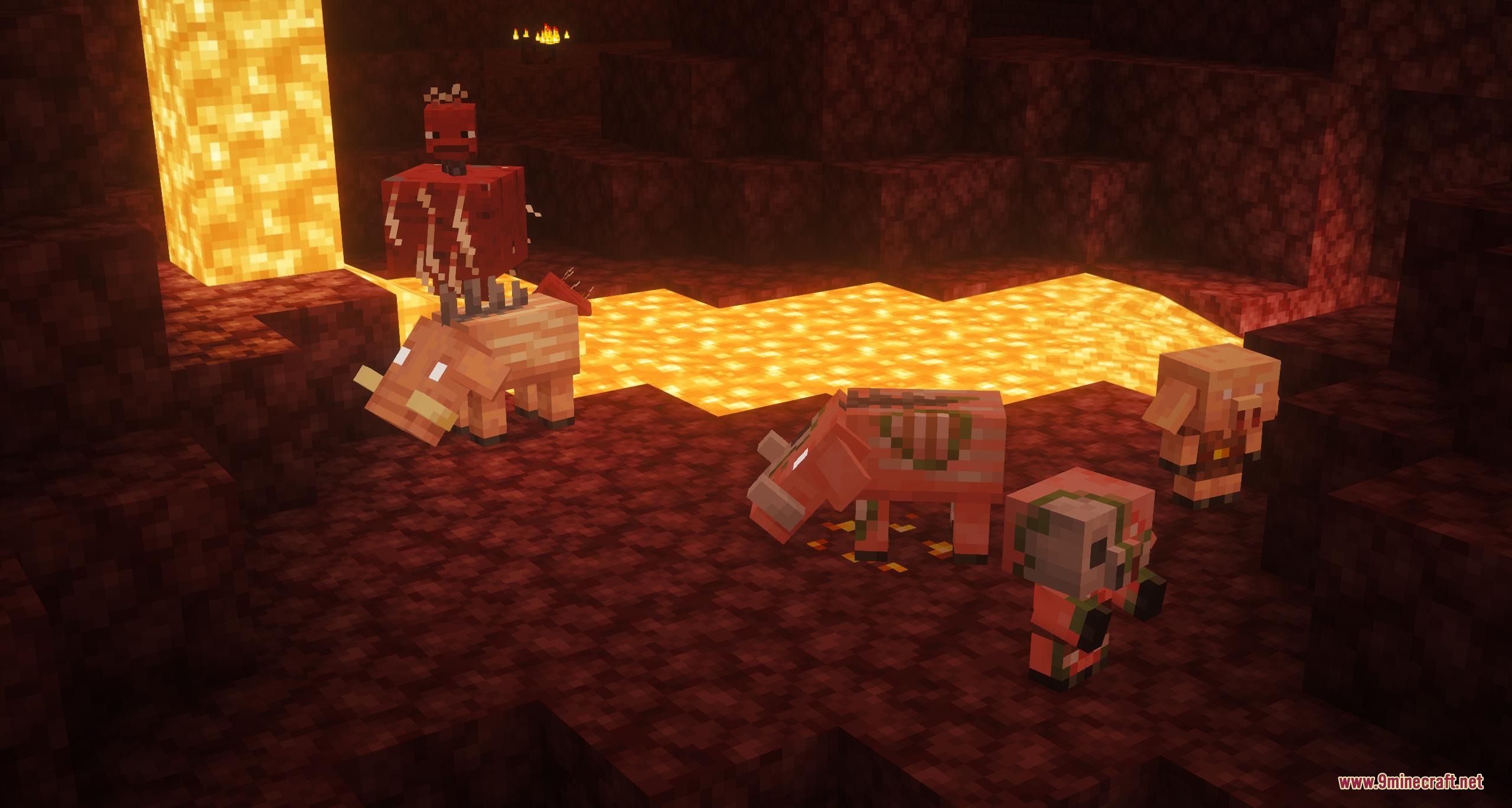 Small Nether mobs with refreshed models gathered near a stream of lava
