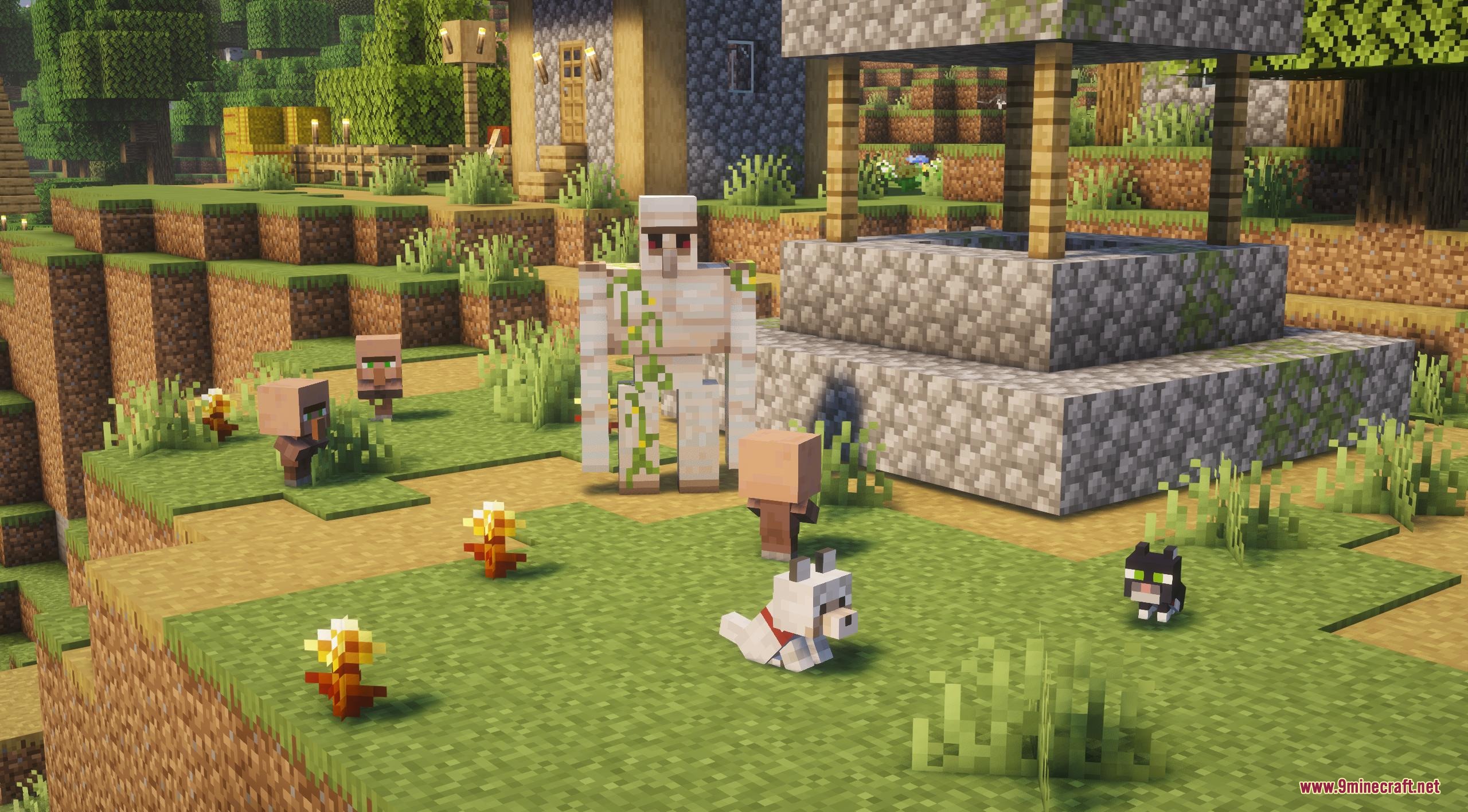 Baby villagers and pets standing near an iron golem in a sunny village