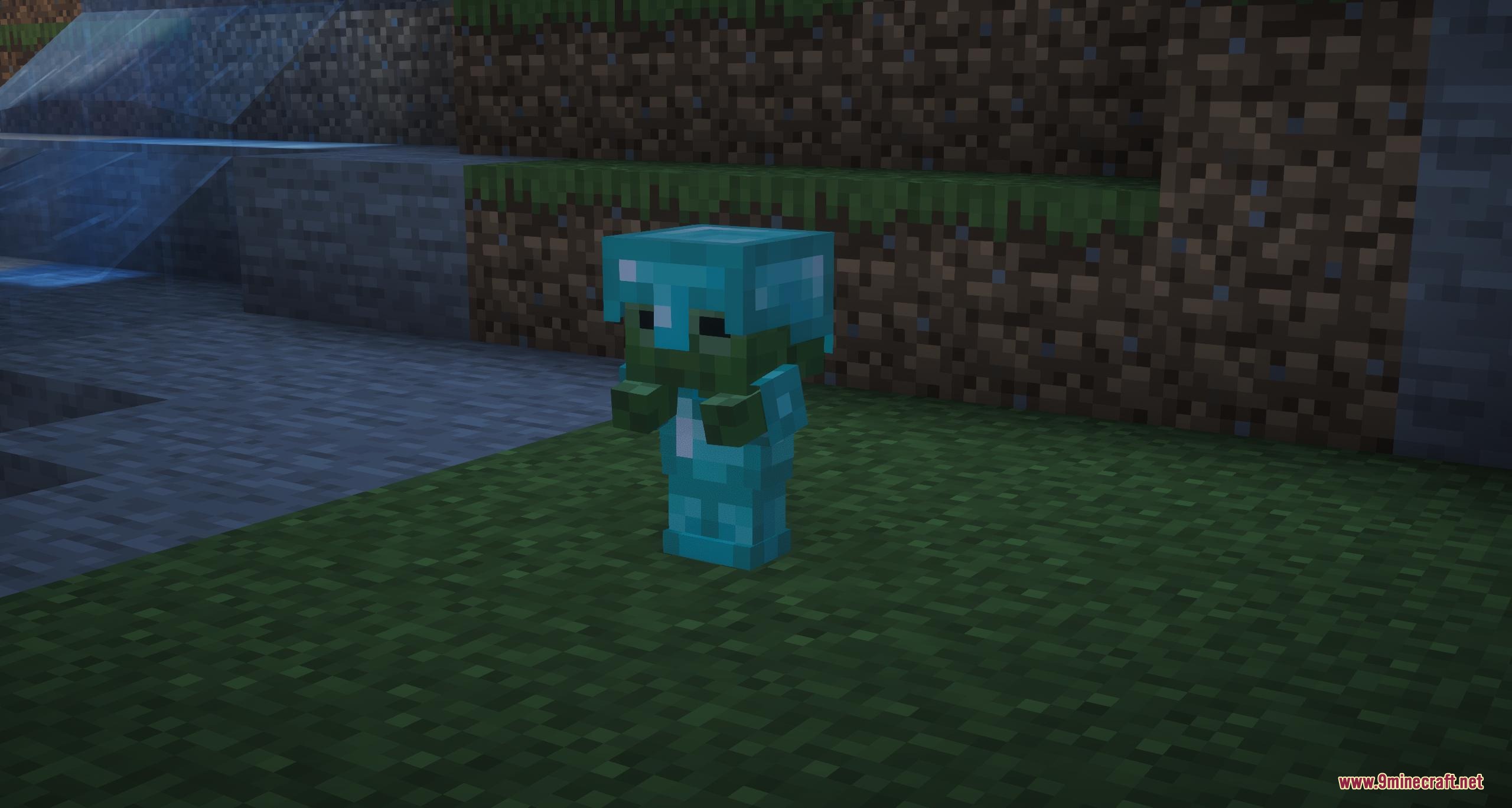 Baby zombie wearing neatly fitted diamond armor from the Baby Makeover resource pack