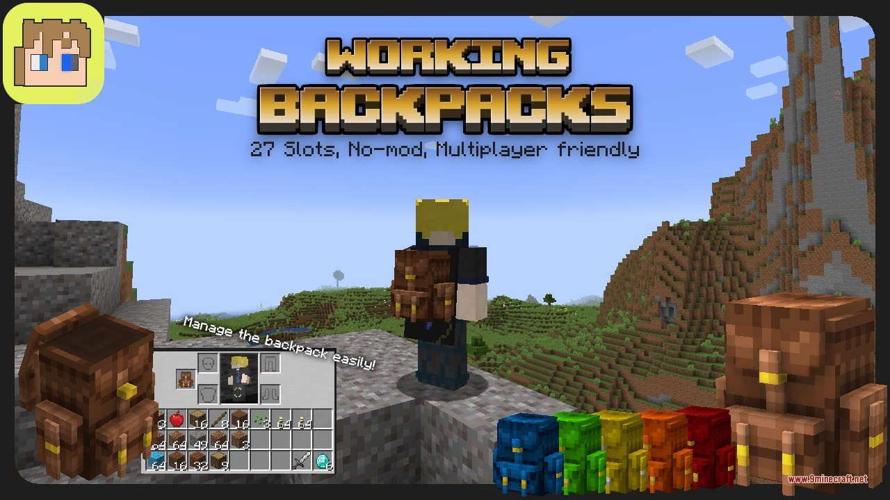 Backpacks & More Data Pack Screenshot 1 Minecraft player wearing a brown backpack with several colored variants shown
