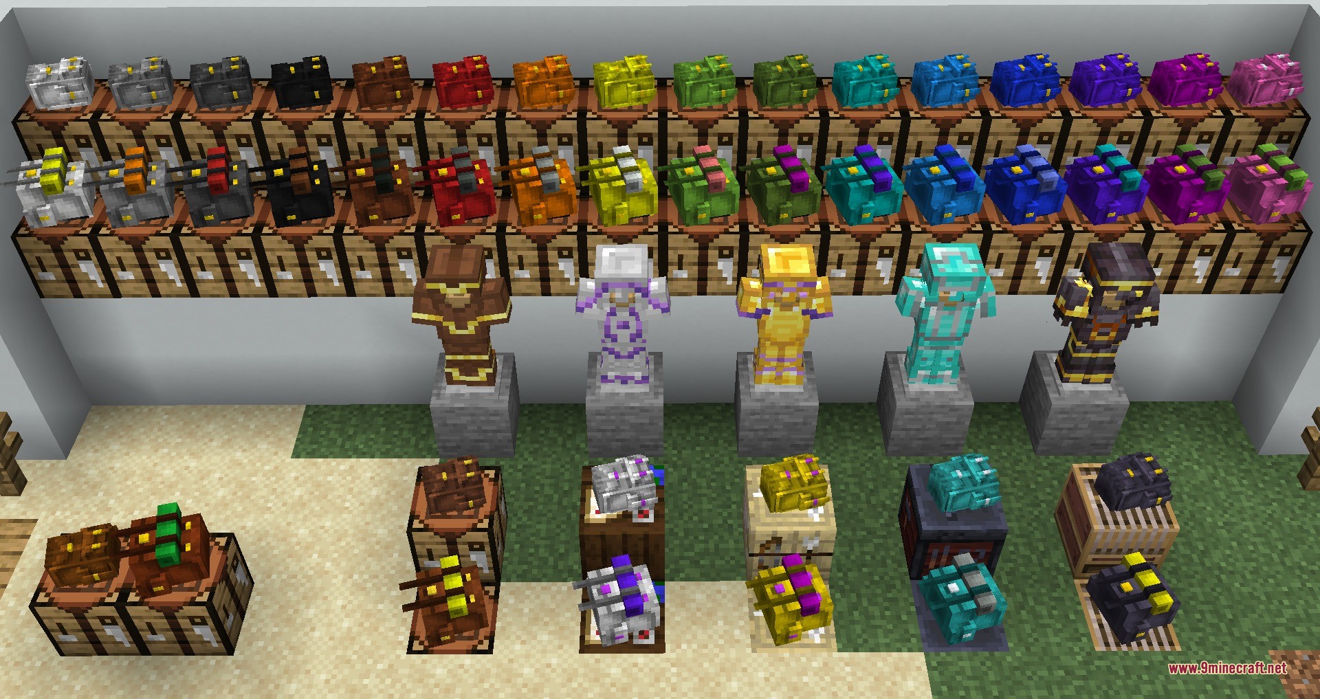 Backpacks & More Data Pack Screenshot 3 Display of various colorful backpacks and matching armor sets on armor stands
