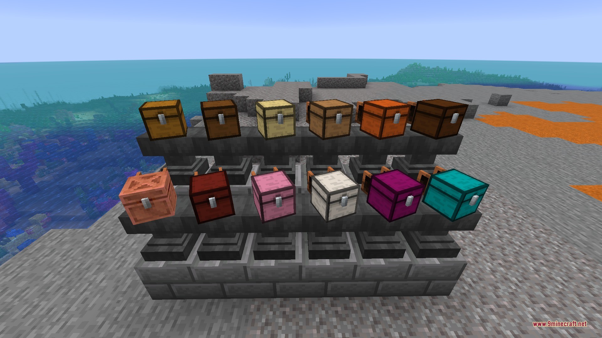 Backpacks & More Data Pack Screenshot 4 Different wooden chest style backpacks placed on top of hoppers in a row
