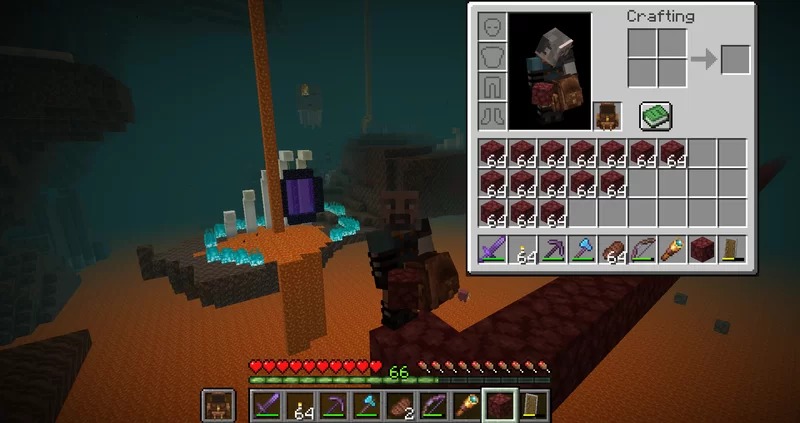 Backpacks & More Data Pack Screenshot 5 A Minecraft player wearing a backpack while exploring the Nether dimension