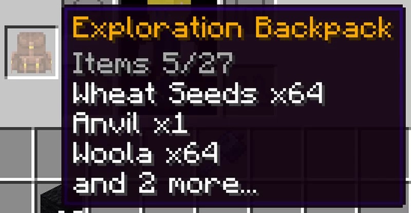 Backpacks & More Data Pack Screenshot 6 Tooltip showing the contents of an exploration backpack in Minecraft