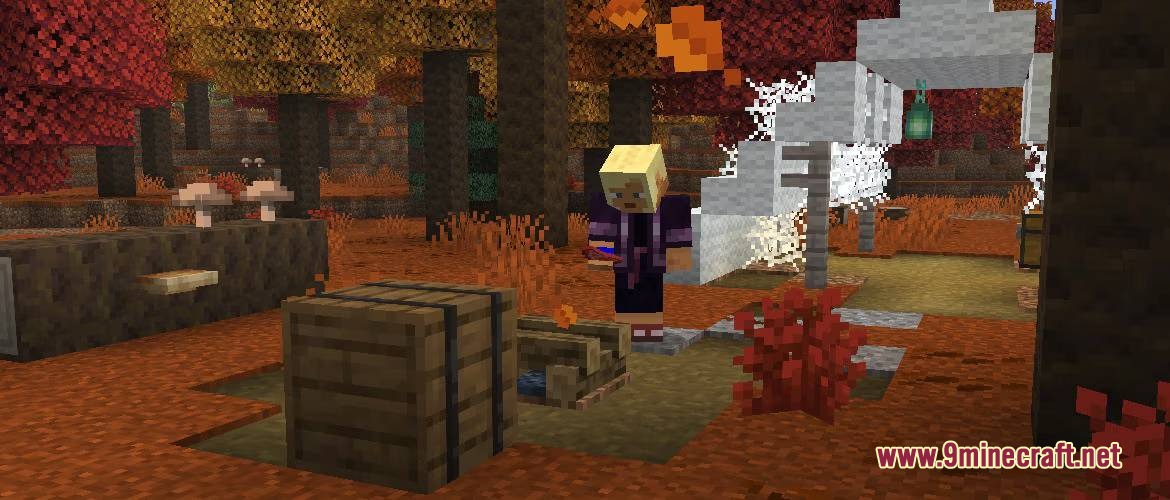 Backport 26.3 Update Mod Screenshot 1 A player explores the Dappled Forest biome with autumn trees and crates