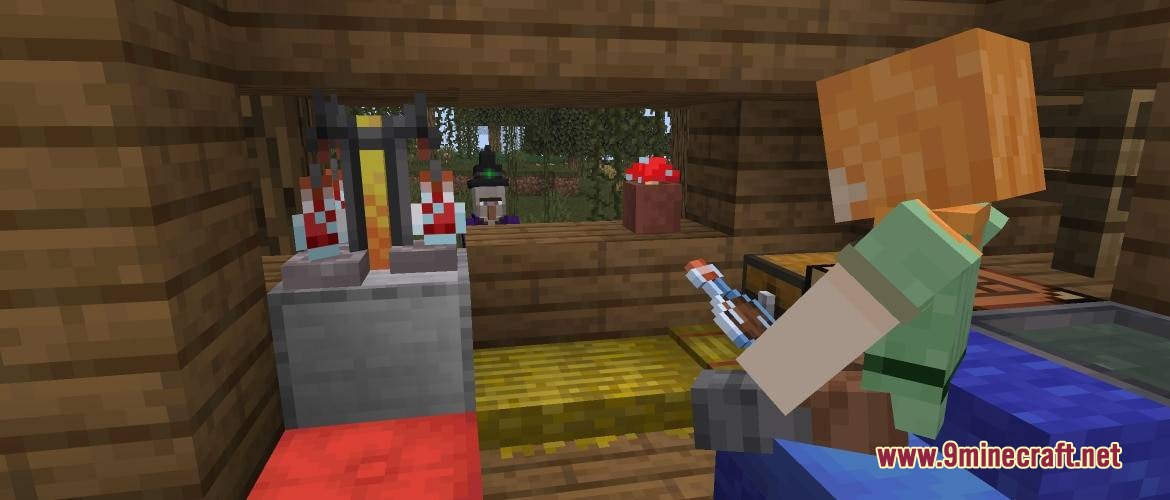 Backport 26.3 Update Mod Screenshot 2 Player sitting inside a wooden hut watching a witch through the window