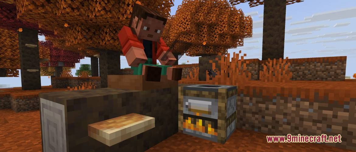 Backport 26.3 Update Mod Screenshot 3 A player sits on a poplar log near a stove in the forest