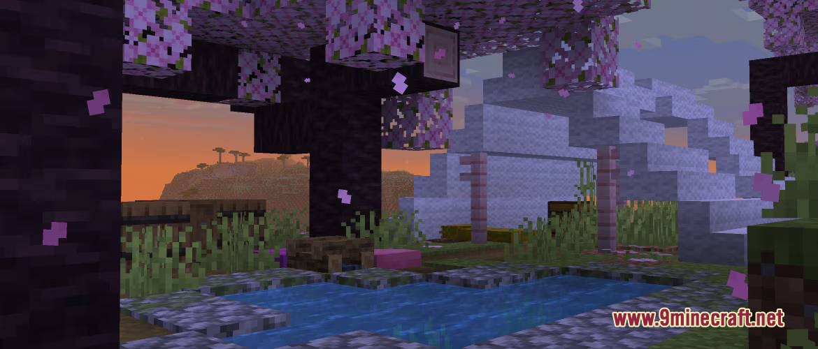 Backport 26.3 Update Mod Screenshot 5 Pink cherry blossom trees surrounding a small pond during sunset