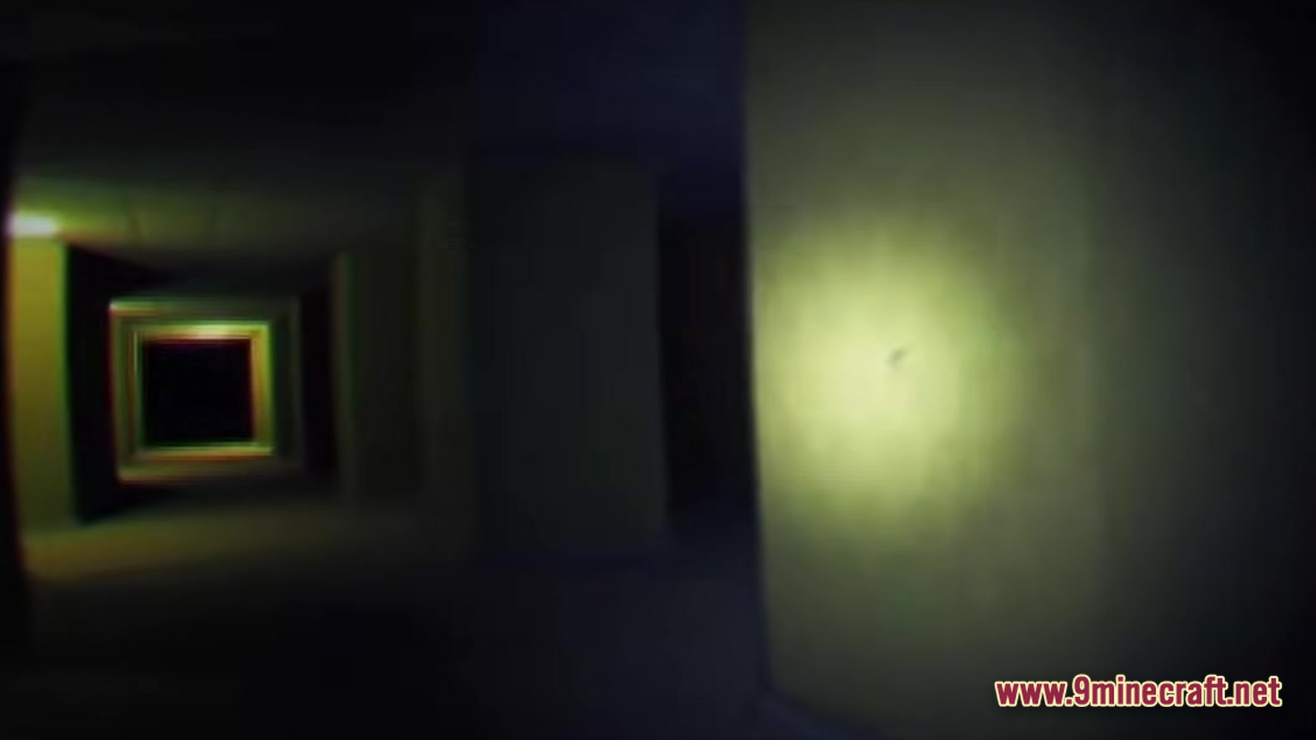 Backrooms Found Footage Modpack Screenshot 1 A dark hallway in Level 0 featuring yellow walls, a flashlight beam, and a distant doorway