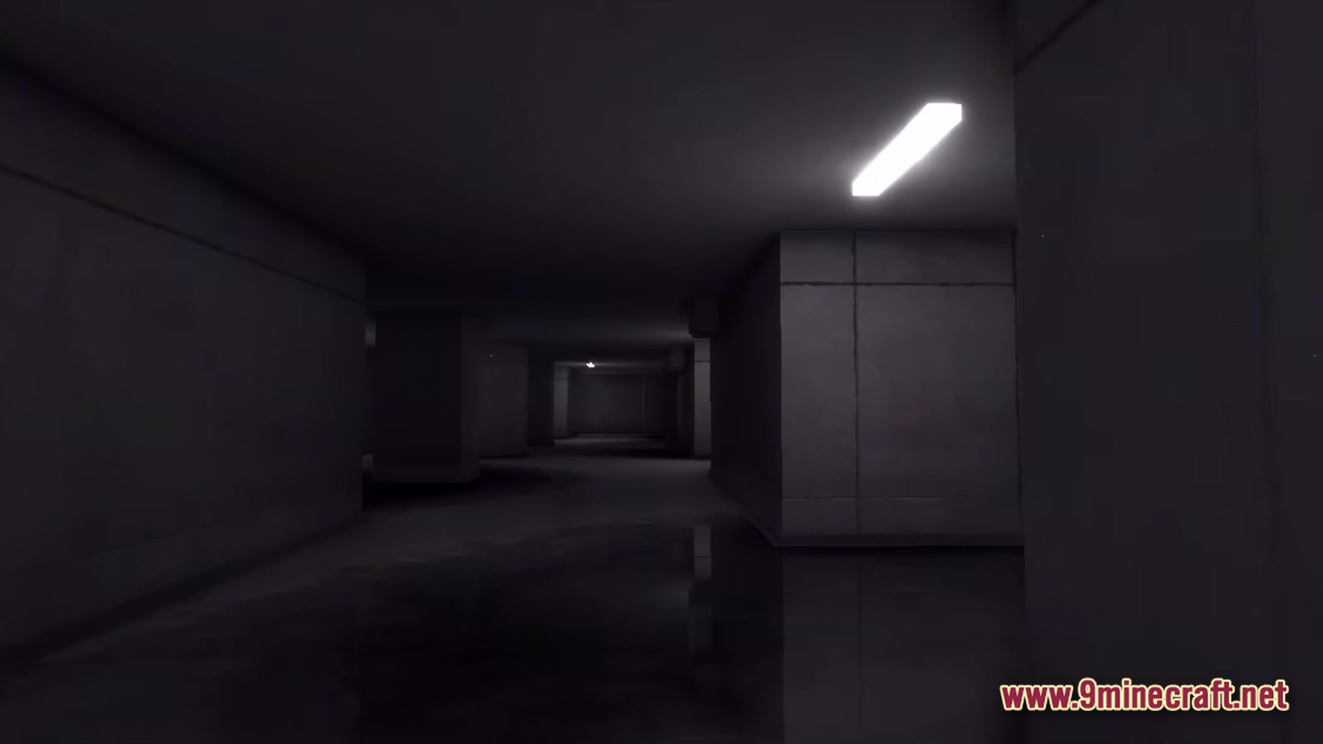 Backrooms Found Footage Modpack Screenshot 6 Dimly lit concrete hallways with fluorescent lights and reflective puddles in a liminal space environment