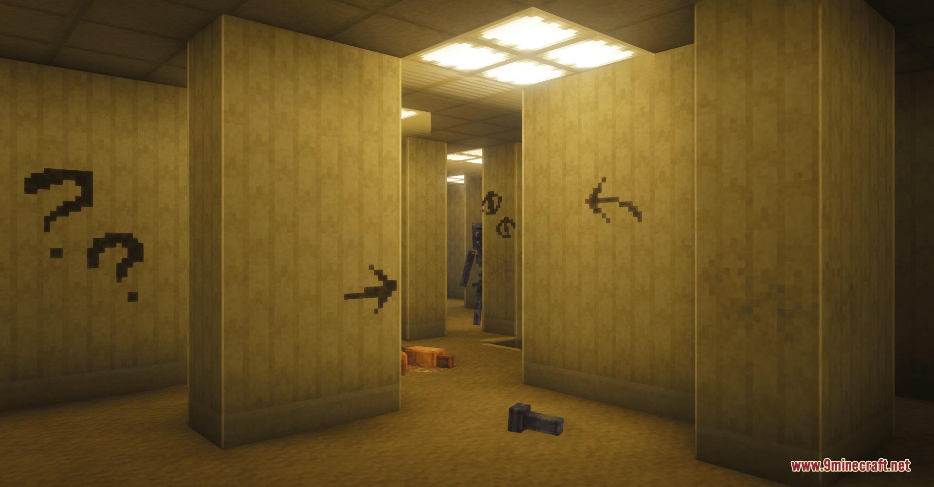 Backrooms Retextured Resource Pack Screenshot 1 Minecraft scene showing yellow wallpapered rooms with arrows and a dark figure