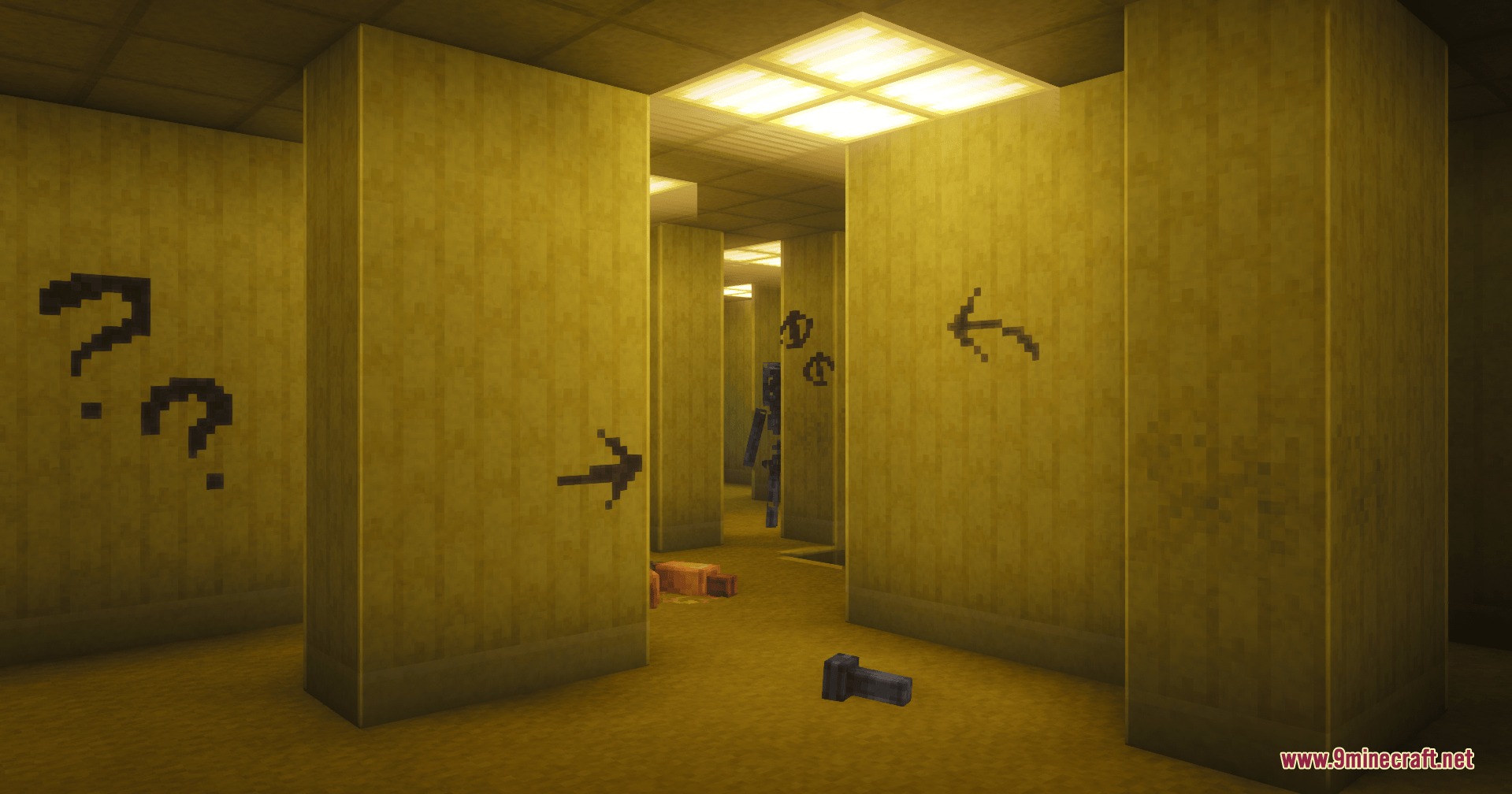 Backrooms Retextured Resource Pack Screenshot 2 Yellow wallpapered hallways in Minecraft featuring mysterious markings and a dark figure