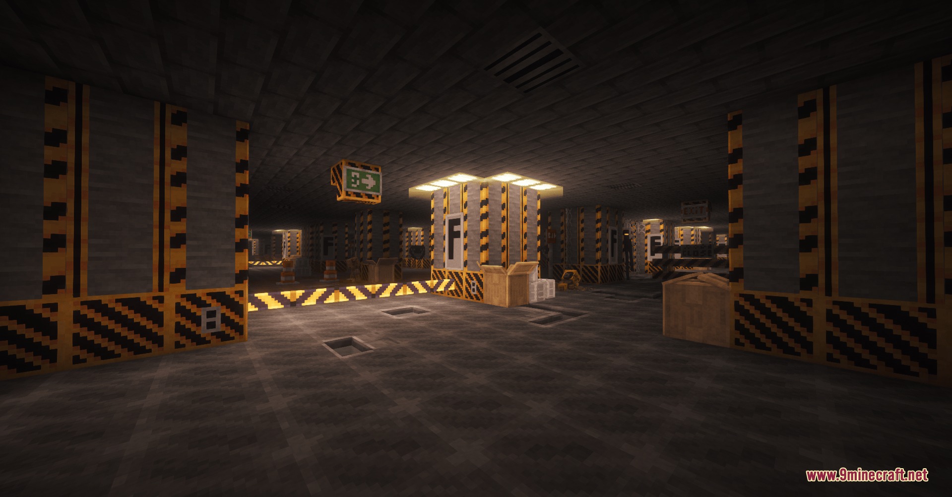 Backrooms Retextured Resource Pack Screenshot 3 Dark industrial hallway with hazard stripes and glowing signs in a liminal space