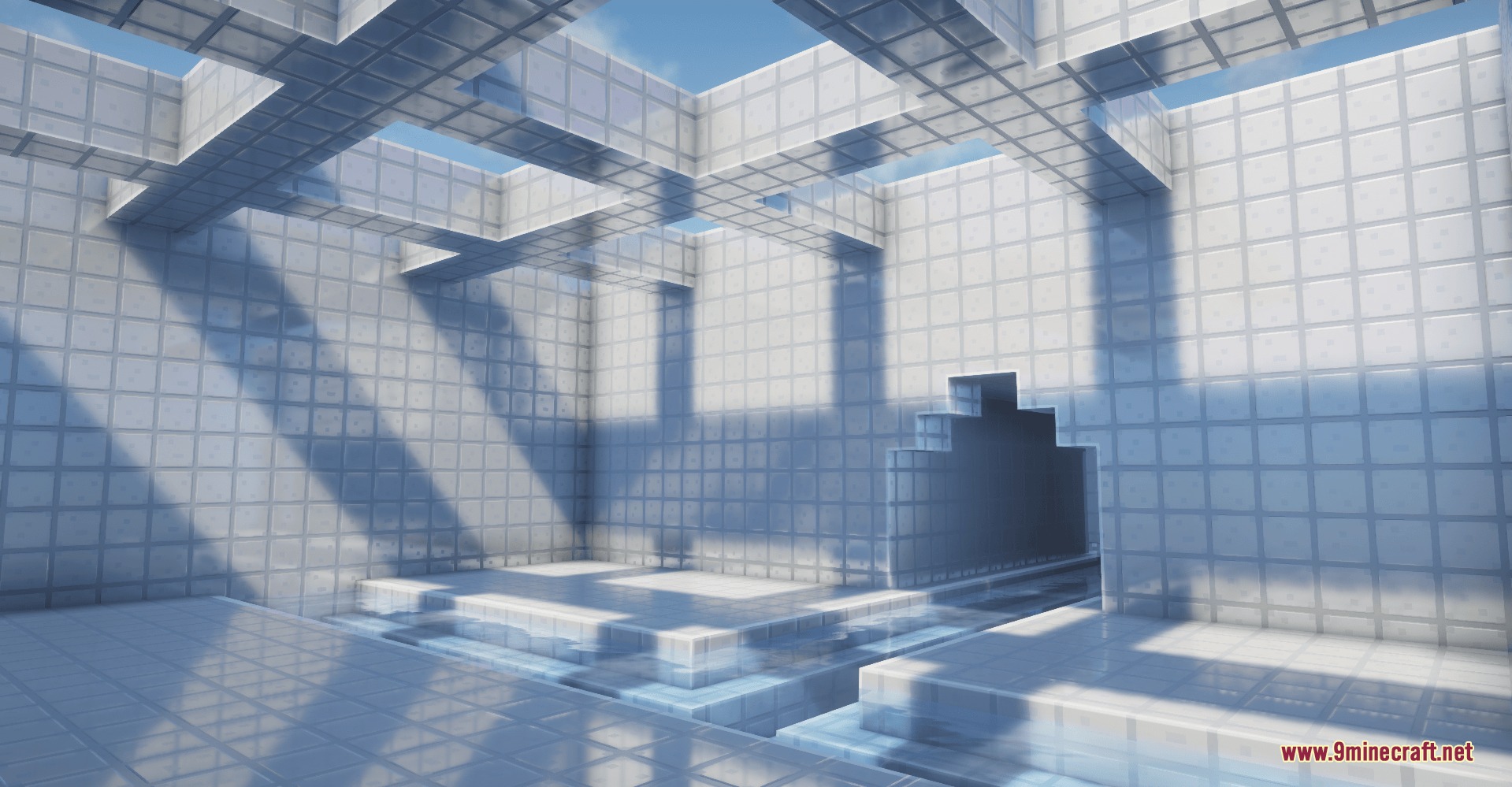 Backrooms Retextured Resource Pack Screenshot 4 Bright white tiled room with water and sunlight streaming through the ceiling