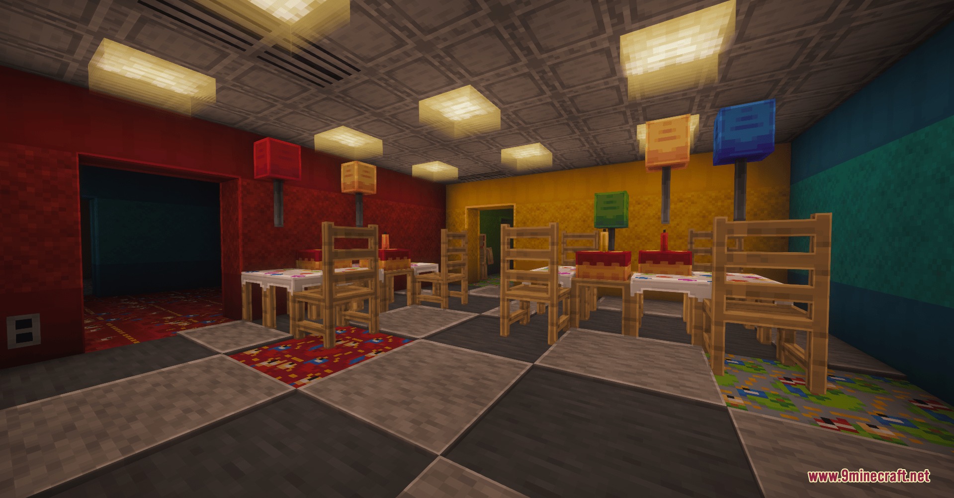 Backrooms Retextured Resource Pack Screenshot 5 Minecraft party room with colorful walls tables chairs cakes and hanging balloons