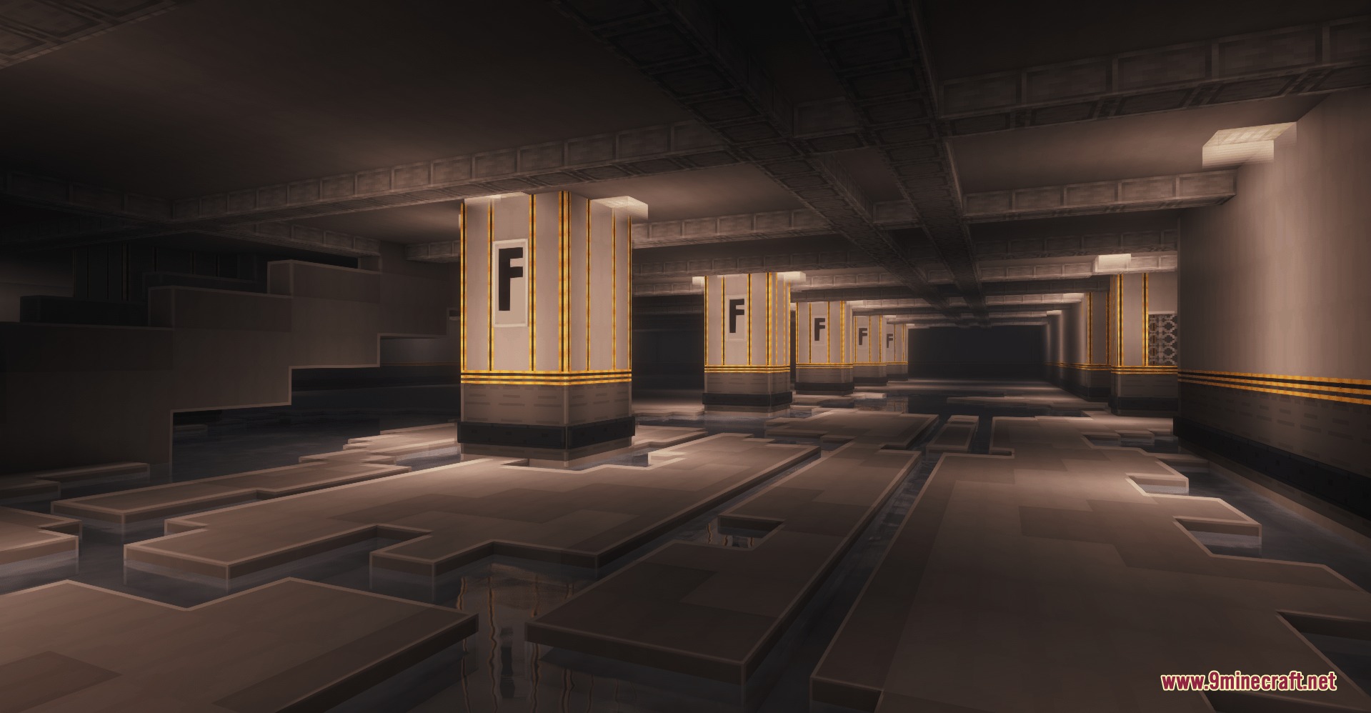 Backrooms Retextured Resource Pack Screenshot 6 Flooded office level with large pillars and reflections on the water