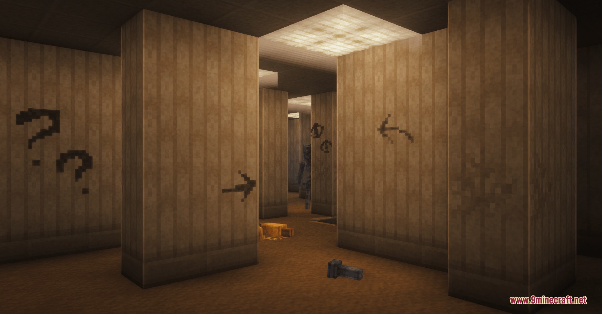 Backrooms Retextured Resource Pack Screenshot 8 Creepy yellow wallpaper and wall markings inside a liminal Minecraft room