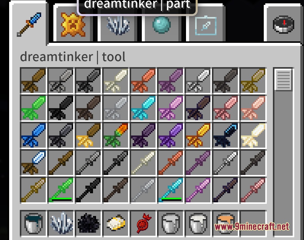 A creative inventory tab displaying many colorful custom swords and tool items