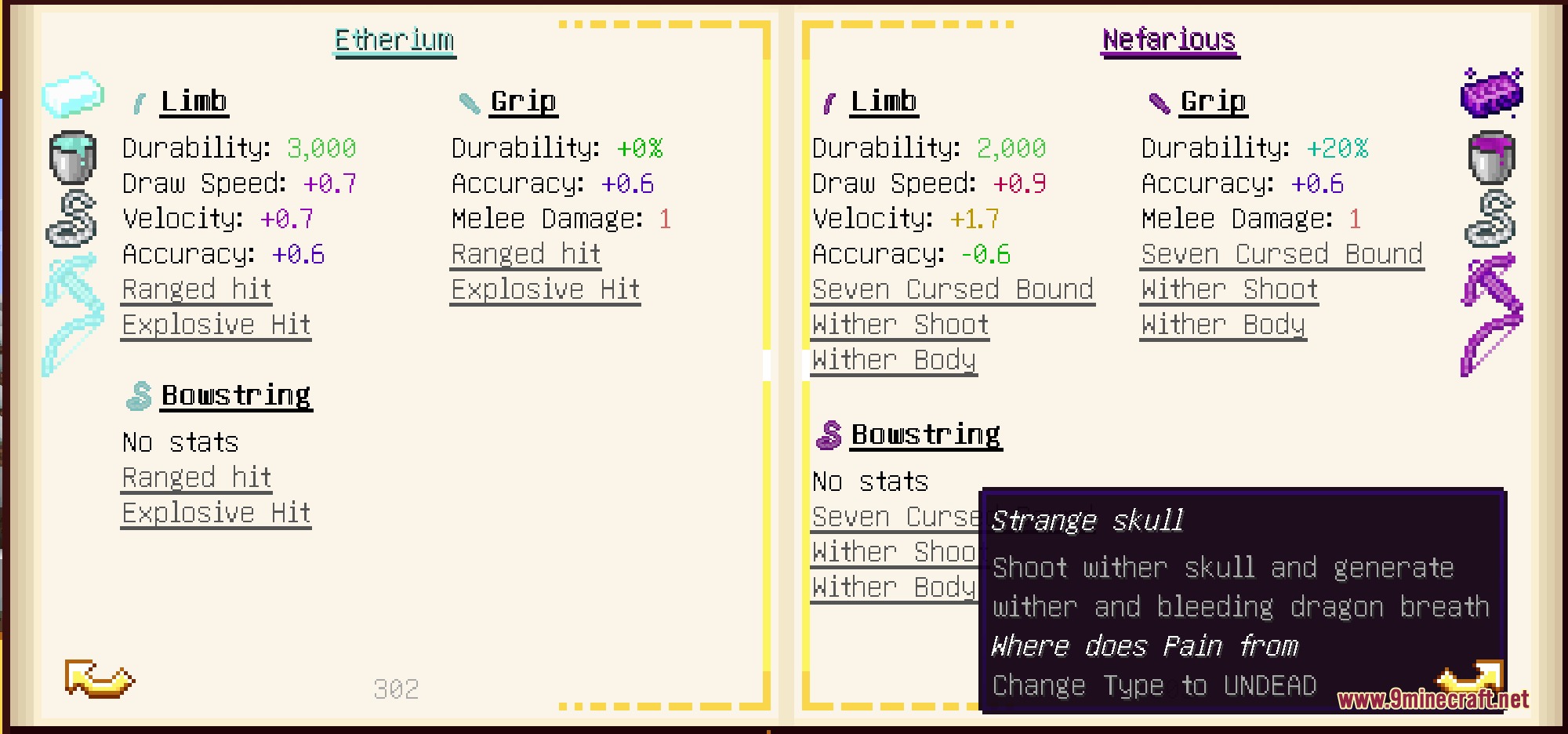 An open guide book showing material stats and modifiers for custom tools