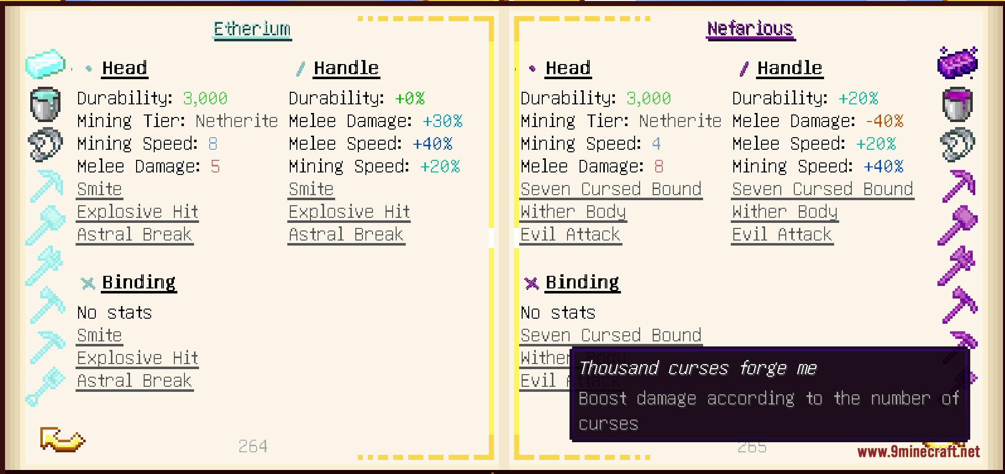 Guidebook displaying material properties for Etherium and Nefarious tool parts