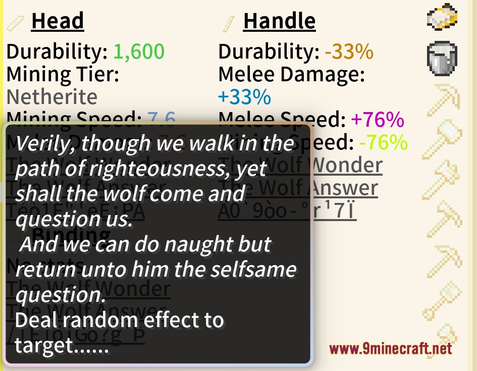 Minecraft interface displaying tool part attributes and a unique random effect modifier description