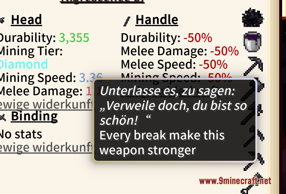 Tool statistics screen showing a German quote and a weapon strengthening mechanic description