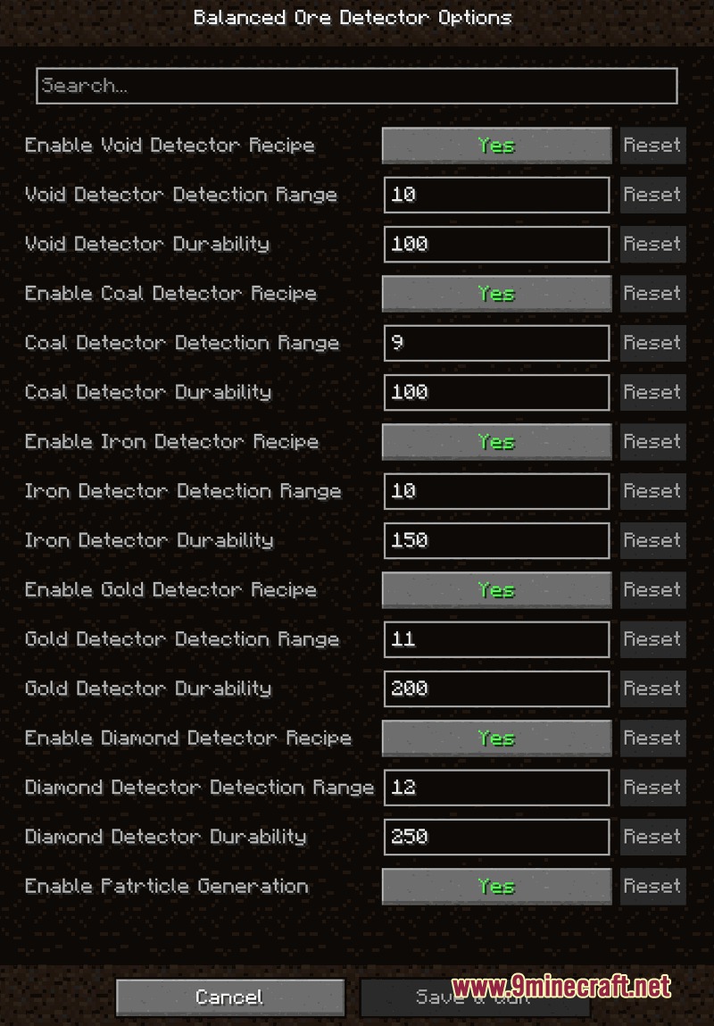Balanced Ore Detector Mod Screenshot 1 Configuration menu for Balanced Ore Detector mod showing range and durability settings