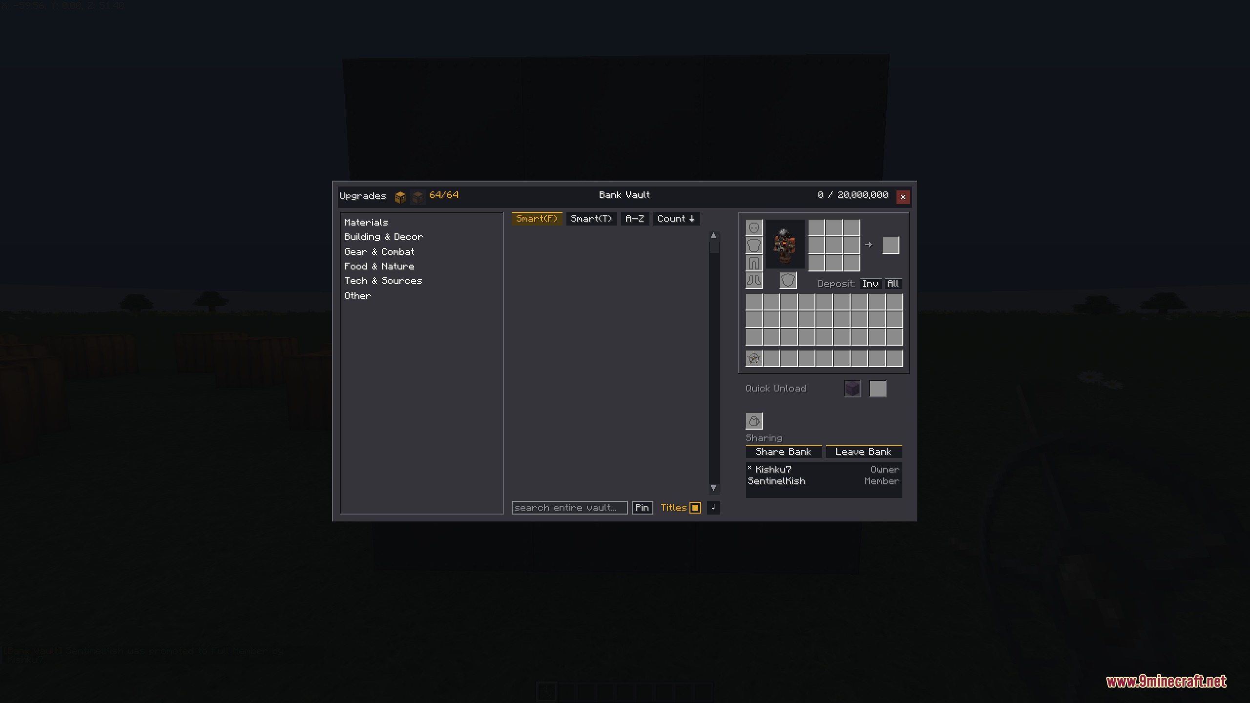 Bank Vault Mod Screenshot 2 The Bank Vault storage interface for managing items and sorting categories