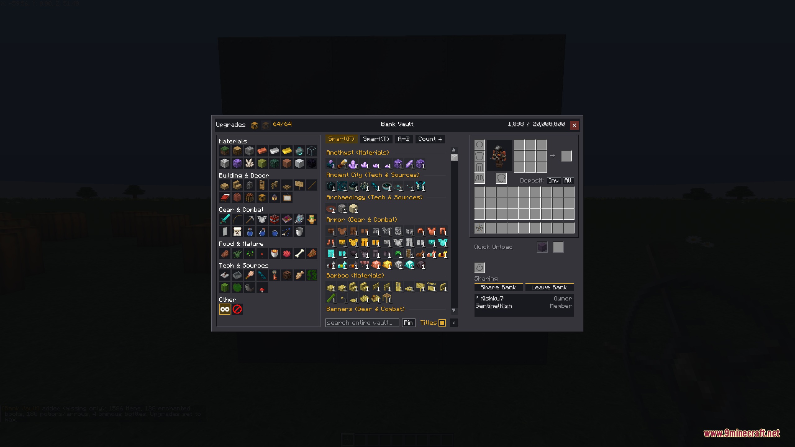 Bank Vault Mod Screenshot 3 A bank vault interface displaying various sorted items and categories